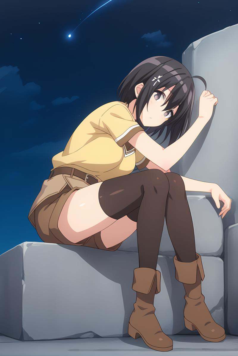 (yellow shirt born skirt brown shorts black thighhighs brown boots belt),  bof-maple,  black hair on Tensor.Art