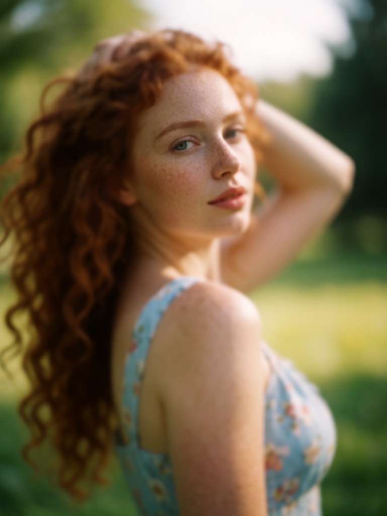 Photorealistic portrait of a young woman with long curly red hair and freckles on her face and shoulders. She is looking b...