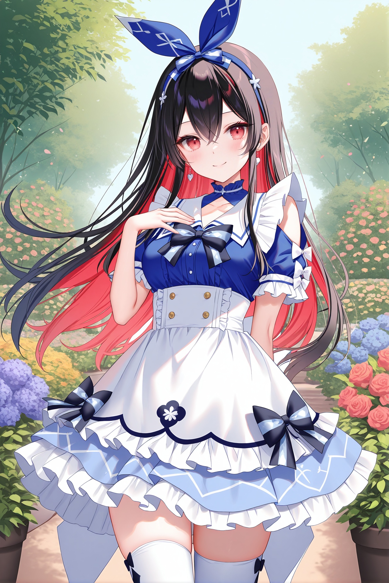 masterpiece, best quality, newest, absurdres, highres,(chen bin: 0.5),(hiten \(hitenkei\):0.4),(rimuu:0.5),(mignon:0.5),(sheya:0.6),smile,frilled dress, aquawonder, two-tone dress,blue dress, print thighhighs, white thighhighs, cowboy shot, garden, standing, hand on own chest, arm behind back,  ren(def), 1girl, long hair, black hair, multicolored hair, red eyes, hair between eyes, red hair, colored inner hair,<lora:aquawonderXLNAI:1>,<lora:ren(witch)XLNAI:1>