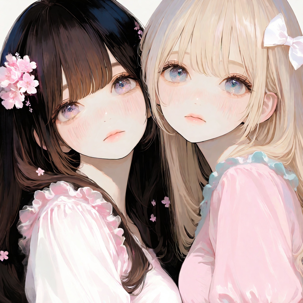 <lora:Tourun ThickPaint Style:0.8>,absurdres,realistic,rim light,wallpaper,best quality,multiple girls,2girls,hair ornament,hair flower,looking at viewer,long hair,blush,flower,bangs,blonde hair,blue eyes,upper body,black hair,bow,closed mouth,frills,pink shirt,shirt,dress,hair bow,simple background,brown hair,white background,breasts,white bow,pink dress,pink flower,