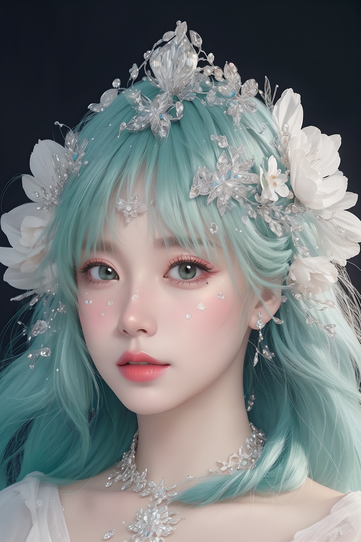 <lora:Fashion_Girl:0.66>green  theme,  snowflakes,  looking at viewer,  portrait,  colorful hair,  jewelry,  close up,  ultra high res,  deep shadow, (best quality,  masterpiece),  dimly lit,  shade, highly detailed,  bold makeup,  flower,  simple background,  depth of field,  film grain,  fashion_girl,  accessories, High detailed, (masterpiece,high quality,best quality),(colorful),(delicate eyes and face),volumatic light,ray tracing,extremely detailed CG unity 8k wallpaper,solo, indoors, palace, lights, window, decorations,(ahoge:1.3),best quality,official art,(((light from the sky))),floating hair,light shines on hair,whultra-detailed,(((extremely detailed cg 8k wallpaper))),(crystalstexture skin:1.4),(extremely delicate and beautiful),(white skin),looking_at_viewer,kinghere fensejiaren,,realistic,