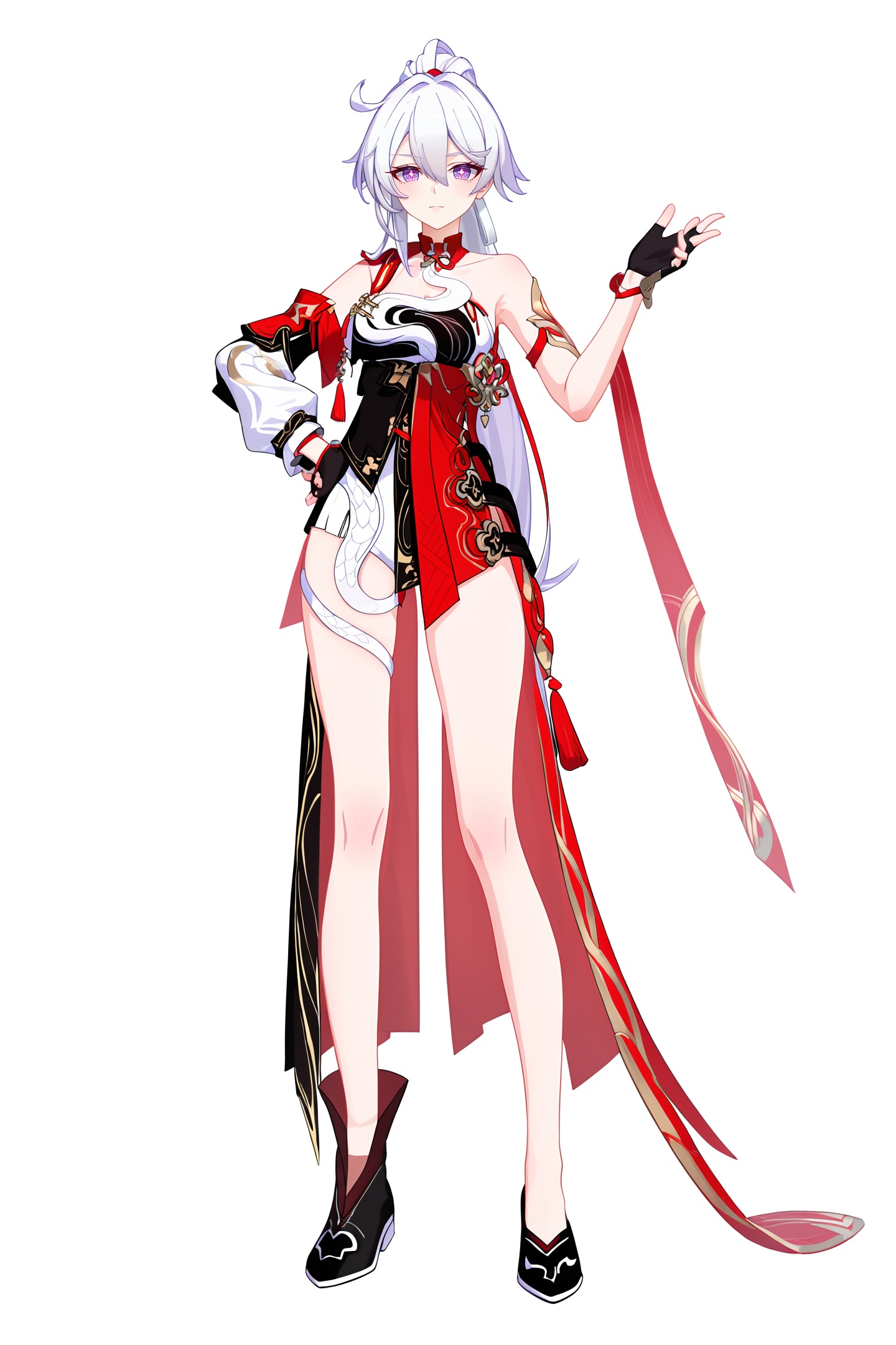 score_9,score_8_up,score_7_up,score_anime,8k,best quality,masterpiece,(ultra-detailed),(high detailed skin),(by nanoless, by misumi \(macaroni\),:0.5),<lora:YLI 0.1v:0.25>,<lora:style1:0.25>,A full-body portrait of a young girl,standing gracefully,pastel art style,high-key lighting,shoujo manga influence,hd quality,delicate details,full body,full shot,standing,looking at viewer,(solo:1.2),simple background,white background,hand on own hip,<lora:zhongyannew-pony-Tanger-000018:0.8>,kiana jixing, 3rd clothes, clothes: jixing chinese clothes, purple cross-shaped pupils, 1girl, single black fingerless glove, purple eyes, white hair,