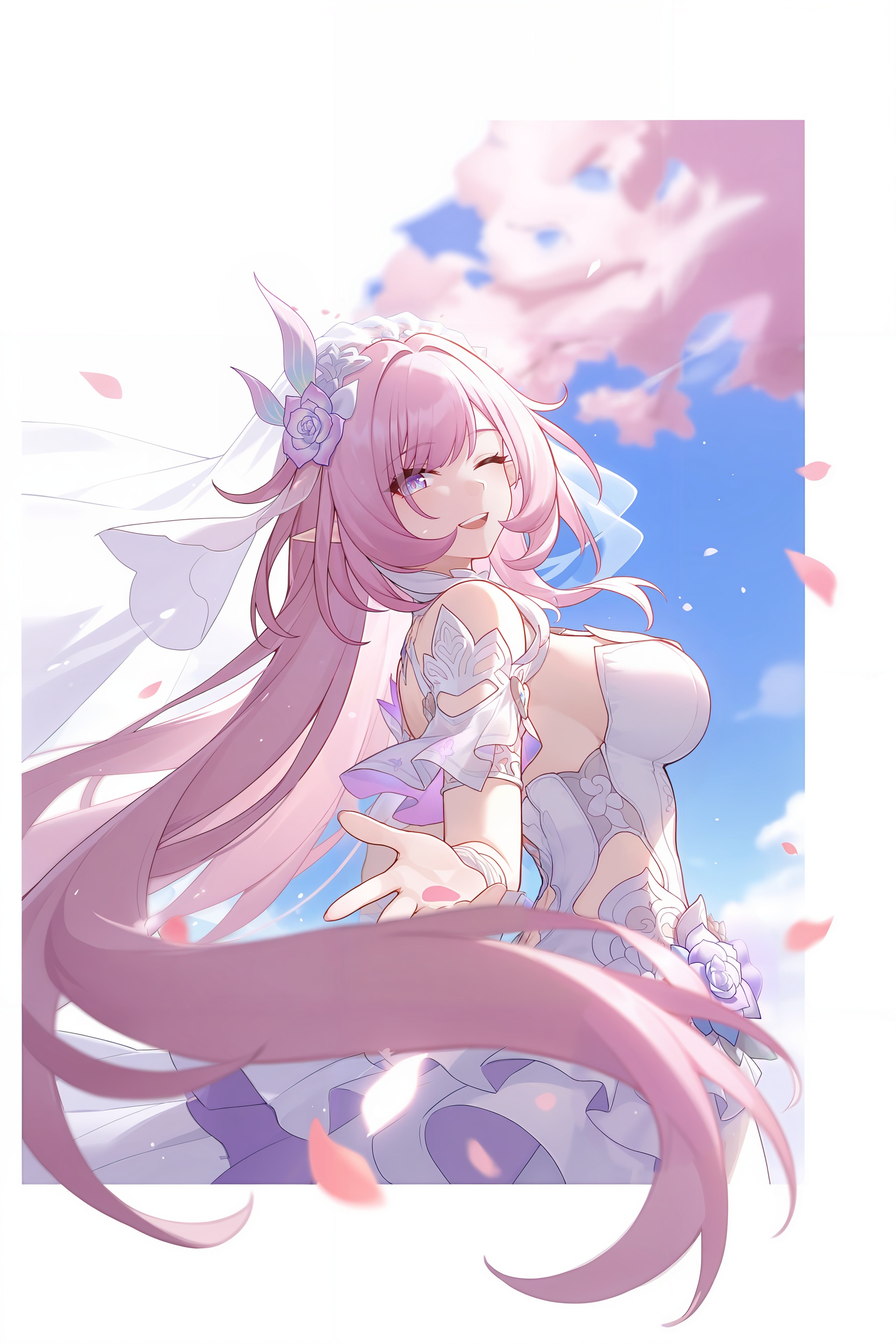 <lora:大昔涟:0.8>,xilian,1girl,long hair,pink hair,hair ornament,pointy ears,pink eyes,very long hair,elf,purple eyes,elysia \(honkai impact\),xilian,1girl,pink hair,solo,long hair,veil,breasts,smile,one eye closed,white dress,open mouth,dress,looking at viewer,petals,teeth,purple eyes,pointy ears,sky,blue sky,upper body,bridal veil,wedding dress,large breasts,pink eyes,depth of field,masterpiece,best quality,very aesthetic,alternate costume,alternate costume,2024,2023,perfect composition,ultra-detailed,extreme aesthetic,masterpiece,best quality,good quality,newest,year 2024,year 2023,very aesthetic,absurdres,looking_at_viewer,colorful,<lora:立绘构图ILL:0.3>,lihui,wind,pink wind,(dynamic_angle:1.1),(dutch angle:1.1),close-up,