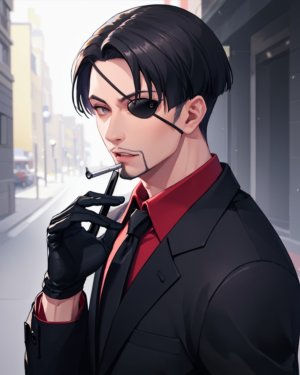 masterpiece,best quality, highly detailed, 1boy,majima goro,male focus,solo,red shirt,formal,goatee,black necktie,one-eyed,black gloves,black jacket,leather gloves,suit,looking at viewer,smoking,upper body,<lora:majima_goro:1>
