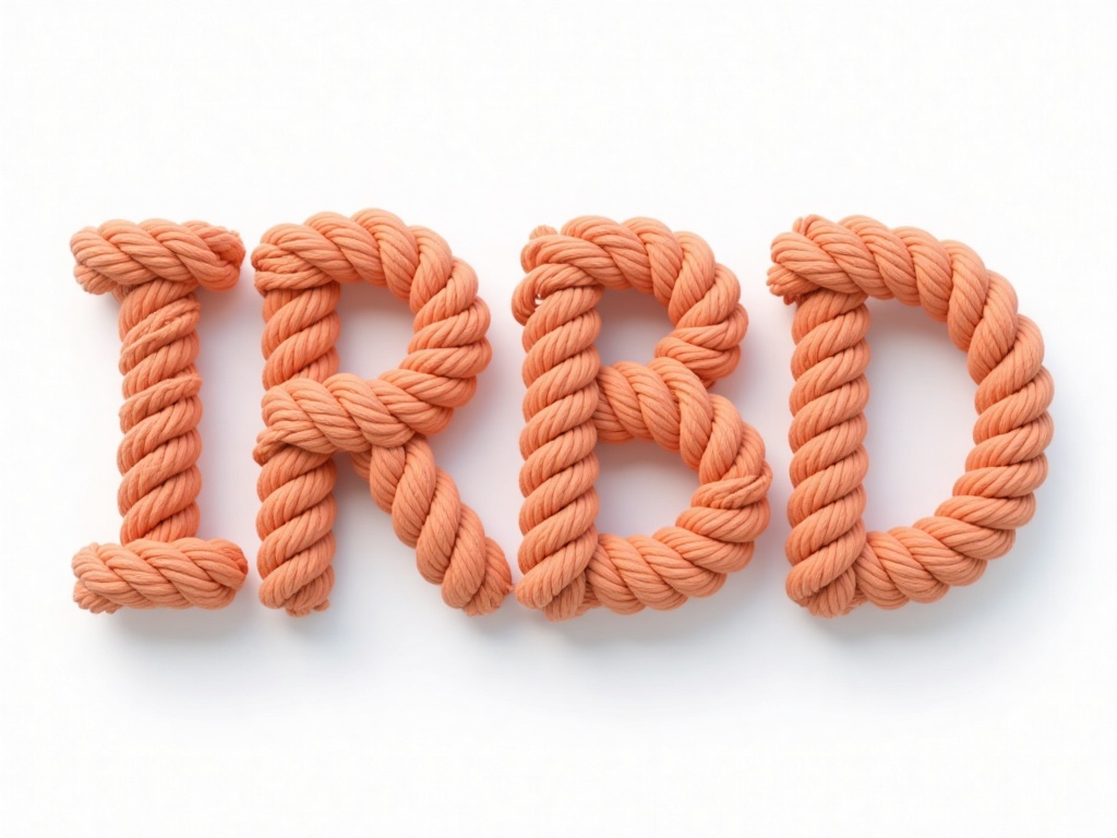 IPBD,Photograph of the word "IRBD" formed by thick, tightly coiled, peach-colored ropes laid out on a white background. The ropes are textured and appear soft, with a slight sheen, creating a visually appealing contrast against the stark white backdrop. The word is centered, with the "I" and "D" slightly twisted together, while the "R" and "B" are separate. 