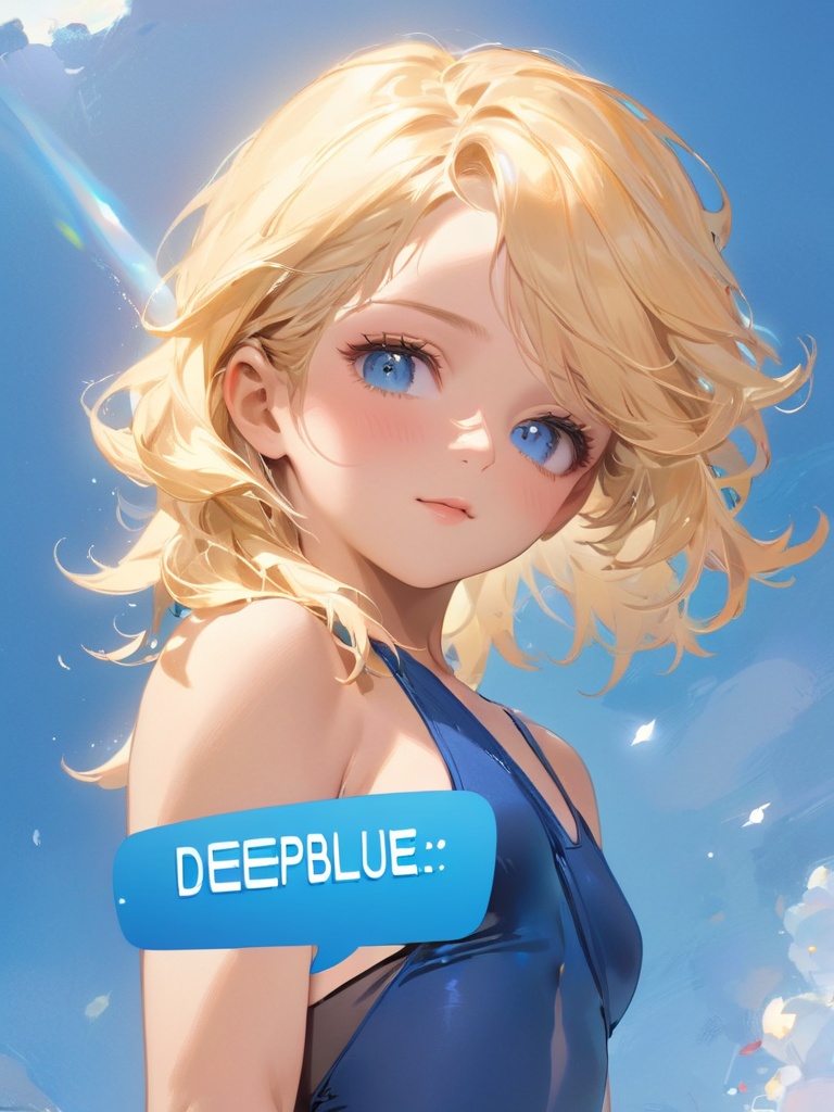 (speech bubble saying "DeepBlue"):3,  long straight blonde black underware preteen,  from below on Tensor.Art