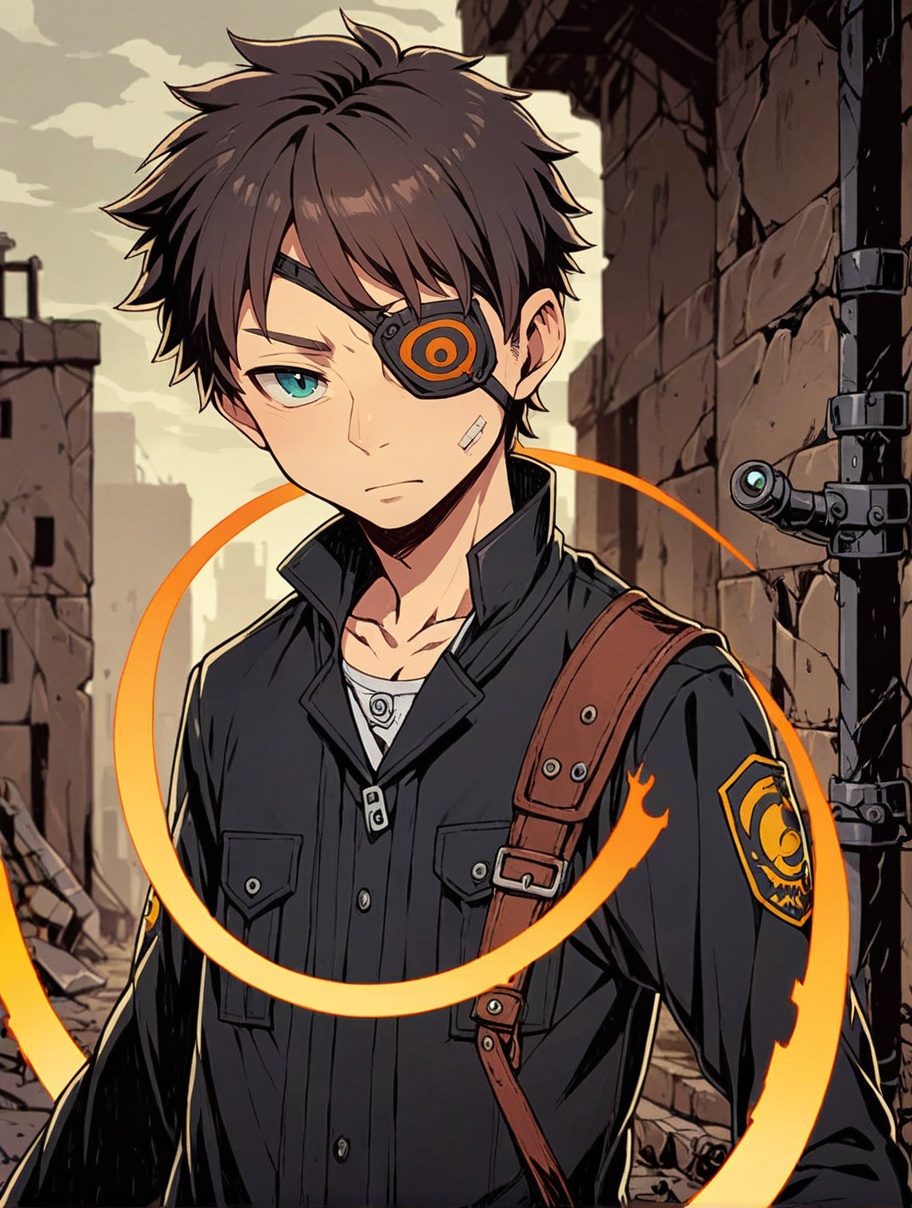 young boy,black uniform,unlight,portal,weapon,solo,eyepatch, looking at viewer,depth of field,ruins, close-up<lora:Perfect Hands:1> <lora:Unlight风格:0.6>, score_9, score_8_up, score_7_up, score_6_up, score_5_up, score_4_up,zPDXL