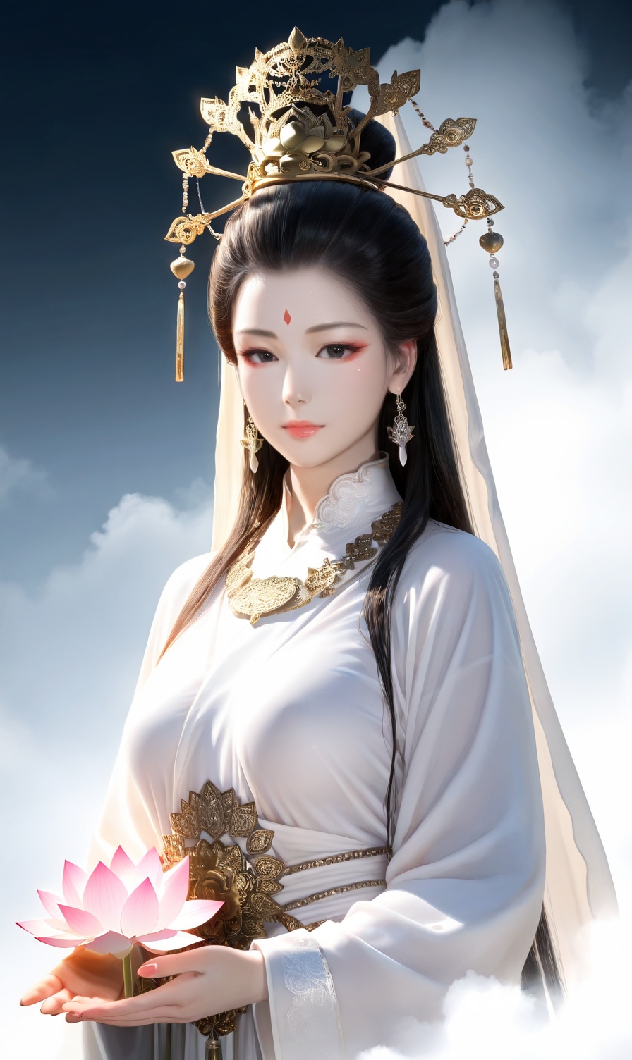 parametersStable_Yogis_PDXL_Positives,(Realistic style:1.2),score_7_up,score_8_up,parametersscore_9,(chinese girl:1.1),round breast,light,volumetric,shiny_skin,smooth skin,(fair_skin:1.2),pale skin,chinese girl,(photorealistic:1.2),(Intricate and refined delicate details:1.2),(masterpiece, best quality, ultra high detail, 8k, HDR:1.4),(,, highres, More Details,, high rating:1.1),radiant highlights,(masterpiece:1.4),cinematic lighting,sun light,(exquisite skin texture:1.3),dynamic pose,(windy:0.8),vibrant light and shadow,exquisite skin texture,siena natural ratio,dynamic pose+windy,soft volumetric lighting,rating_explicit,perfect face,dynamic composition,<lora:RealSkin真实皮肤_xxXL_v1:0.7>,innocence,surreal,highly detailed,<lora:性张力Expressive_H-000001(1):0.4>,extremely detailed 8k wallpaper,<lora:真实感增强make25d_xl_v10:0.7>,amazing,concept art,masterful details,temperate atmosphere,high detailed  skin,(detailed skin:1.1),extremely detailed,amazing quality,nice hands,the perfect hand,with a high-end texture,<lora:皮肤凹痕:0.2>,temperate atmosphere,<lora:gwmdetail_lora_r64_sdxl:0.7>,<lora:青玄_白衣大士_光辉:0.7>,score_9,score_8_up,score_7_up,source_anime,1girl,solo,facial mark,long hair,black hair,white dress,black eyes,realistic,veil,makeup,jewelry,earrings,(lotus_pedestal:1.3),(lotus:1.3),flower,long sleeves,lotus,pink flower,robe,(fog:1.5),looking at viewer,(beautiful_detailed_eyes:1.2),