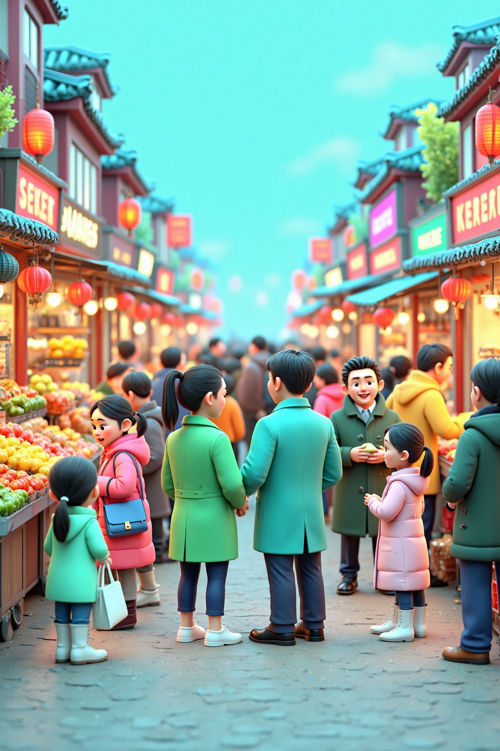 beijihui,a small cartoon depiction of a man and a woman are standing in front of a market. The man and woman are dressed in a green coat,blue pants,and black shoes. The woman is wearing a pink coat,and white shoes. She is holding a white bag in her left hand. Her hair is styled in a ponytail,and she's wearing a black ponytail. To the right of the man,a woman in a blue coat and pink coat is standing. She's holding a blue purse in her right hand. To her left,a boy in a yellow coat and blue pants is standing,and he's looking at the woman in the green coat. To his right,a girl in a light pink coat and white boots is standing with her hands on her hips. She has black hair,and her hair is pulled back. To their left,the boy in the yellow coat is looking to the left,and the girl in the pink coat has her hand on her hip. In the background,a crowd of people can be seen.,