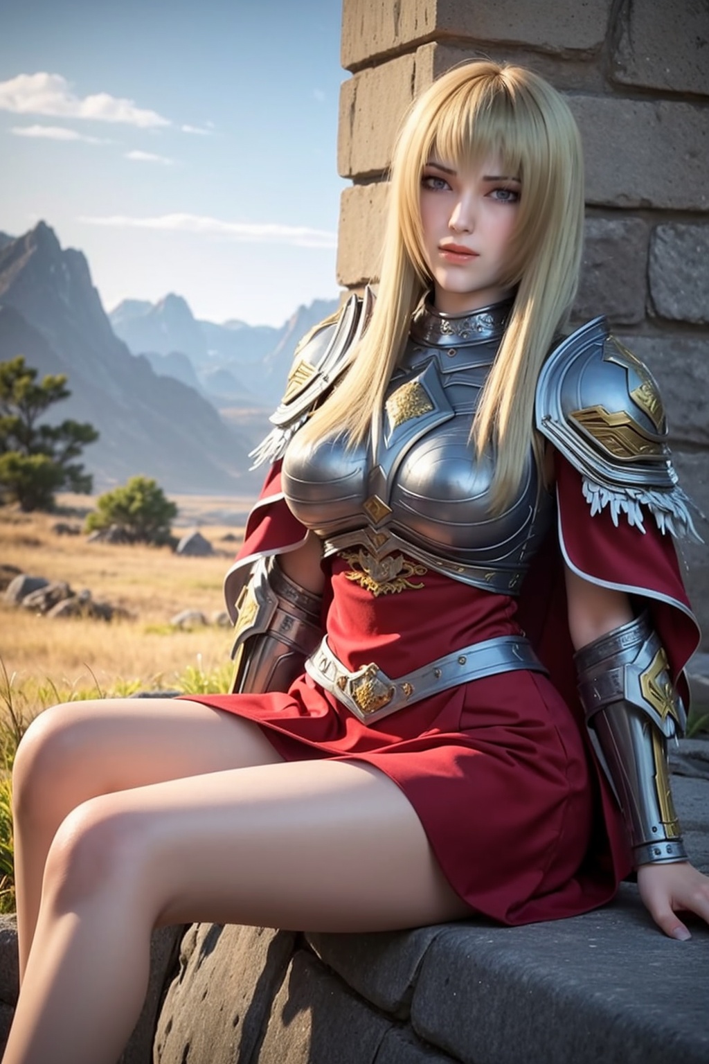 ultra realistic 8k cg,picture-perfect face,perfect face,beautiful face,masterpiece,fantasy,detailed background,realistic,perfect female body,curvy body,skindentation:1.3,glowing eyes,intricate detail,cowboy shot,1girl,sitting,(blonde hair),solo,mountain,sky,cape,long hair,rocks,sky,(armor clothes),a woman in a red dress sits on a stone wall with a mountain in the background,(skirt),(thigh),(bangs),<lora:TianShiYan:0.8>,