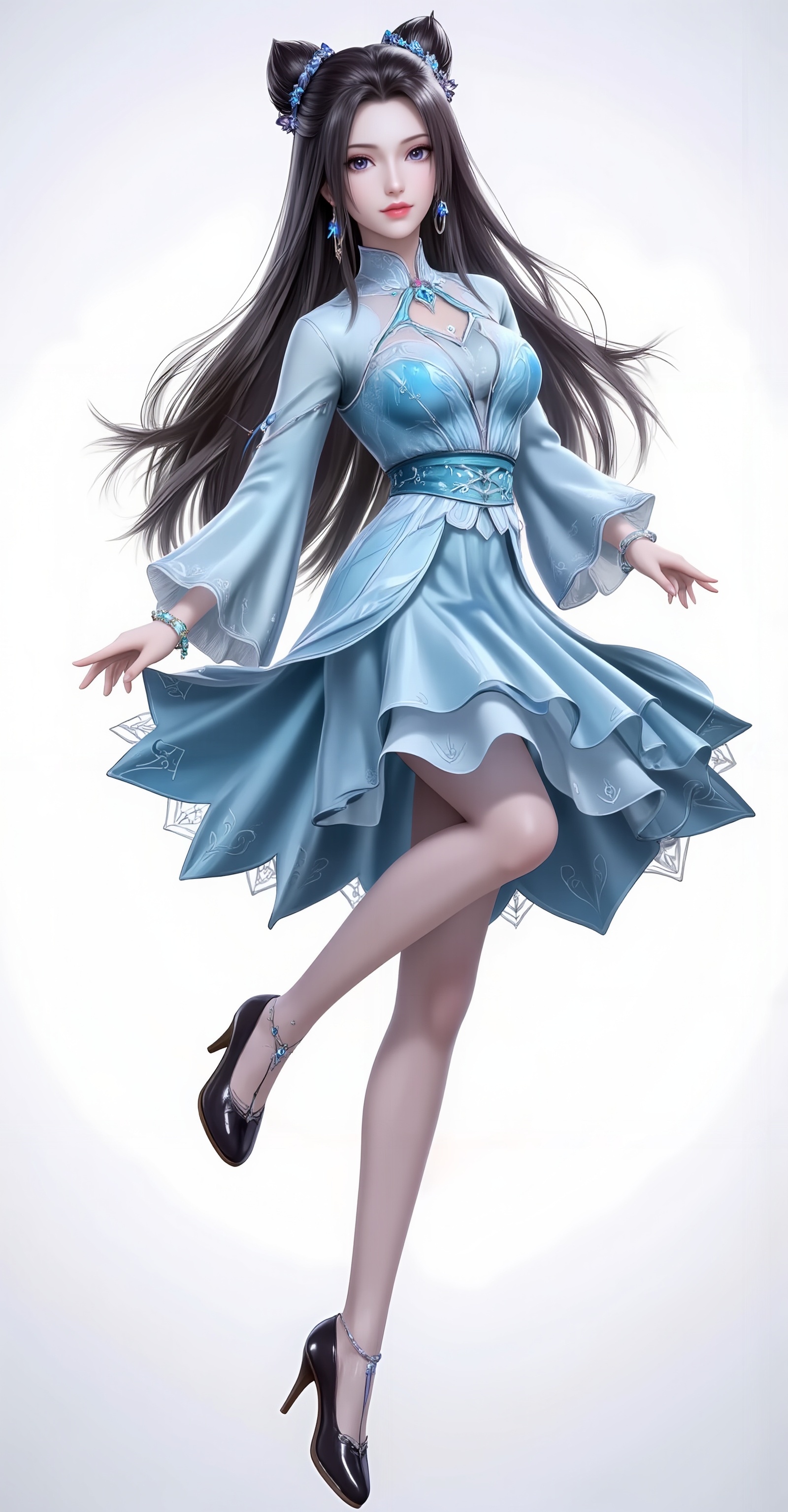 <lora:朱竹清·泛化版8:1>,zhuzhuqing,1girl,solo,long hair,hair bun,double bun,black hair,looking at viewer,closed mouth,lips,jewelry,earrings,<lora:宁荣荣衣服·10:1>,ning,1girl,solo,high heels,dress,white background,full body,pantyhose,hair ornament,bracelet,jewelry,blue dress,long sleeves,simple background,bare legs,leg up,6,cover,gradient background,close-up details,outstanding style,adding a touch of dimension to your images without compromising details,close-up,<lora:DJ滤镜_2.5D版:0.4>,lvjing,<lora:油画唯美滤镜15:0.2>,baoshi,
