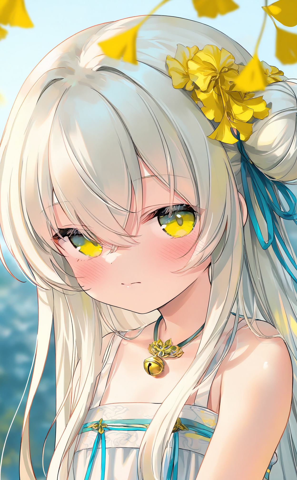 masterpiece,very aware,highres,absurdres,newest,best quality,loli,petite,high quality,chromatic_aberration,cinematic_angle,dutch angle,Light Blue Theme,//,hanfu,1girl, solo, hair_ornament, flower, hair_flower, white_hair, long_hair, green_eyes, hair_bun, looking_at_viewer, leaf, yellow_flower, blurry_background, blurry, ribbon, hair_ribbon, hair_between_eyes, portrait, closed_mouth, yellow_eyes, bell, ginkgo_leaf, blush, single_hair_bun, hair_bell, depth_of_field, upper_body, crossed_bangs, necklace, jewelry, bare_shoulders, blue_ribbon, single_side_bun, looking_to_the_side, white_dress, falling_leaves//,//,official art,depth of field,detailed light,blurry background,best shadow,shiny skin,cinematic lighting,ray tracing,amazing quality,very aesthetic,absurdres,beast quality,ultra detailed,newest,8K,HDR,//,<lora:guizhencao——【noob】hans:0.88>,