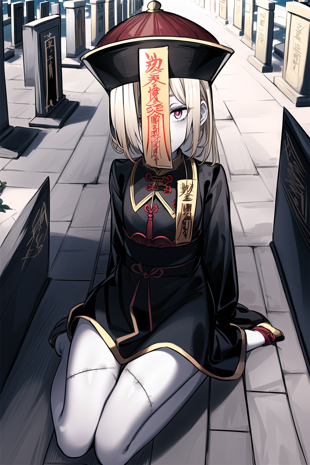 1girl,wsjs,jiangshi,chinese zombie,empty eyes,spell,jiangshi costume,look at different places with both eyes,in the cemetery,pale skin,the whole body,