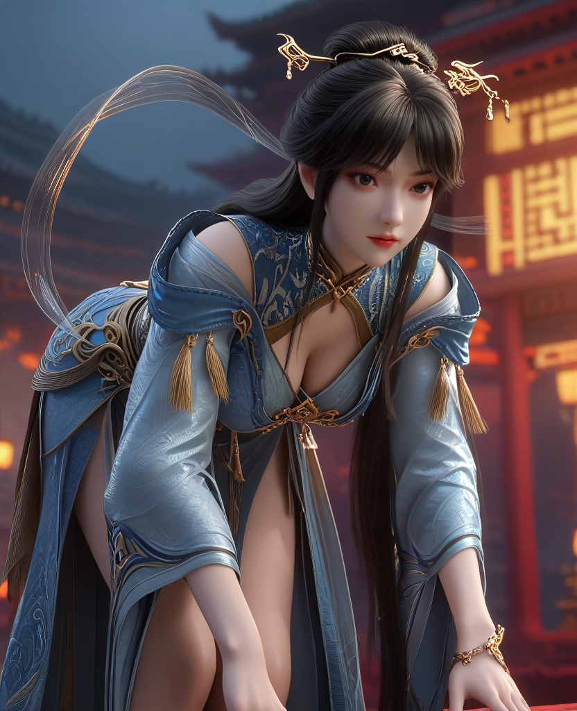 (Leaning forward with hands on knees,:1.1),(large breasts:1.2),<lora:XL16云深不知梦云珞璇:0.95>,miss yunluoxuan,blue gray chinese clothes,black eyes,black hair,long hair,hair ornament,hair bun,hagoromo,jewelry,wide sleeves,red lips,, score_9,score_8_up,score_7_up,score_6_up,score_5_up,score_4_up,3d rendering,tag1,tag2, Cinematic Lighting,backlighting,