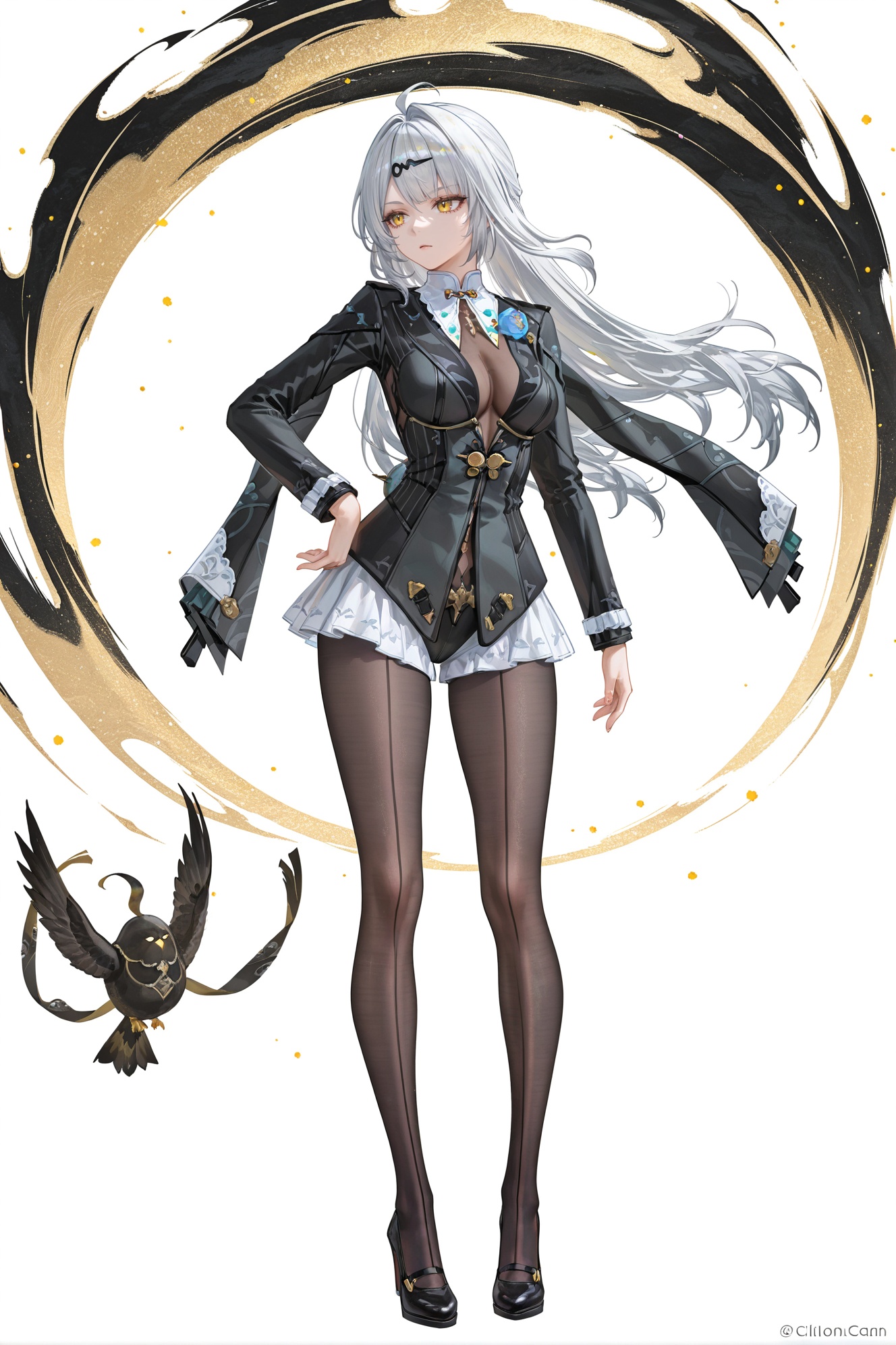 8k,best quality,masterpiece,(ultra-detailed),(high detailed skin),((artist:reoen),(artist:fuzichoco),(artist:atdan),(artist:torino_aqua),year 2024:0.8)1girl,[artist:wlop],[artist:ningen_mame],artist:ciloranko,[[artist:rhasta]],artist:tidsean,colorful,full body,full shot,standing,(solo:1.2),simple background,(white background:1.2),hand on own hip,(white background:1.1),<lora:yixuan-moxin-ill-Tanger:0.9>,yixuan \(Zenless Zone Zero\),silver hair,black hairclip,1girl,long hair,yellow eyes,breasts,clothes: moxing black suit,white  ruffled underdress peeks,attached auxiliary sleeves,black pantyhose,moxing black suit jacket,