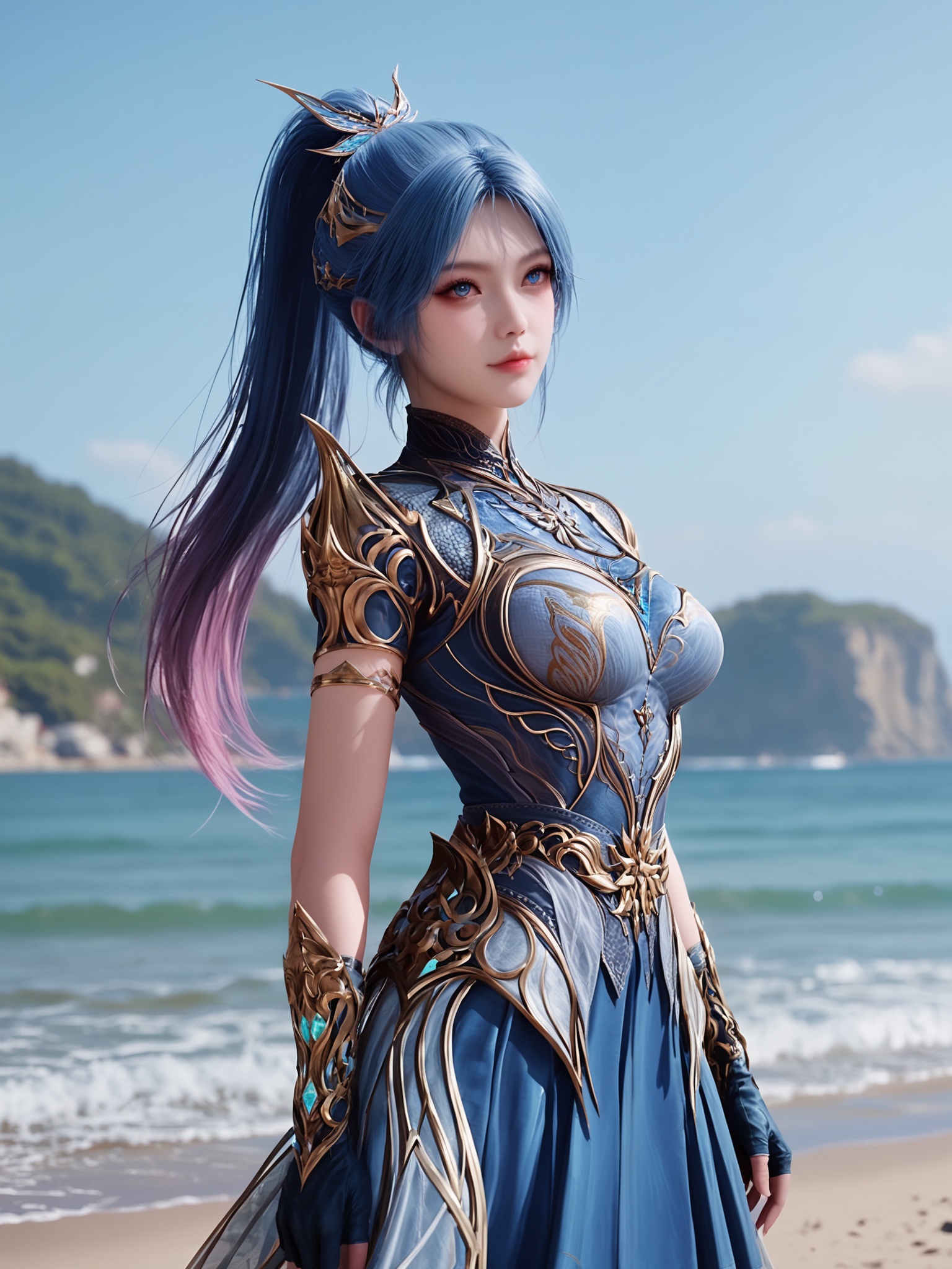 realistic style photo outstanding style,tall,cute,in her teens. Use soft lighting to cast gentle shadows on the subject,adding a touch of dimension to your images without compromising details,score_9,score_8_up,score_7_up,Seaside,beach,waves,upper body,<lora:斗罗大陆2-冬儿的战衣Pony:0.7>,blue hair,tied back with a large,pink hairpiece,blue eyes,wearing an ornate,fantasy-style armor that is predominantly blue and silver.blue dress,