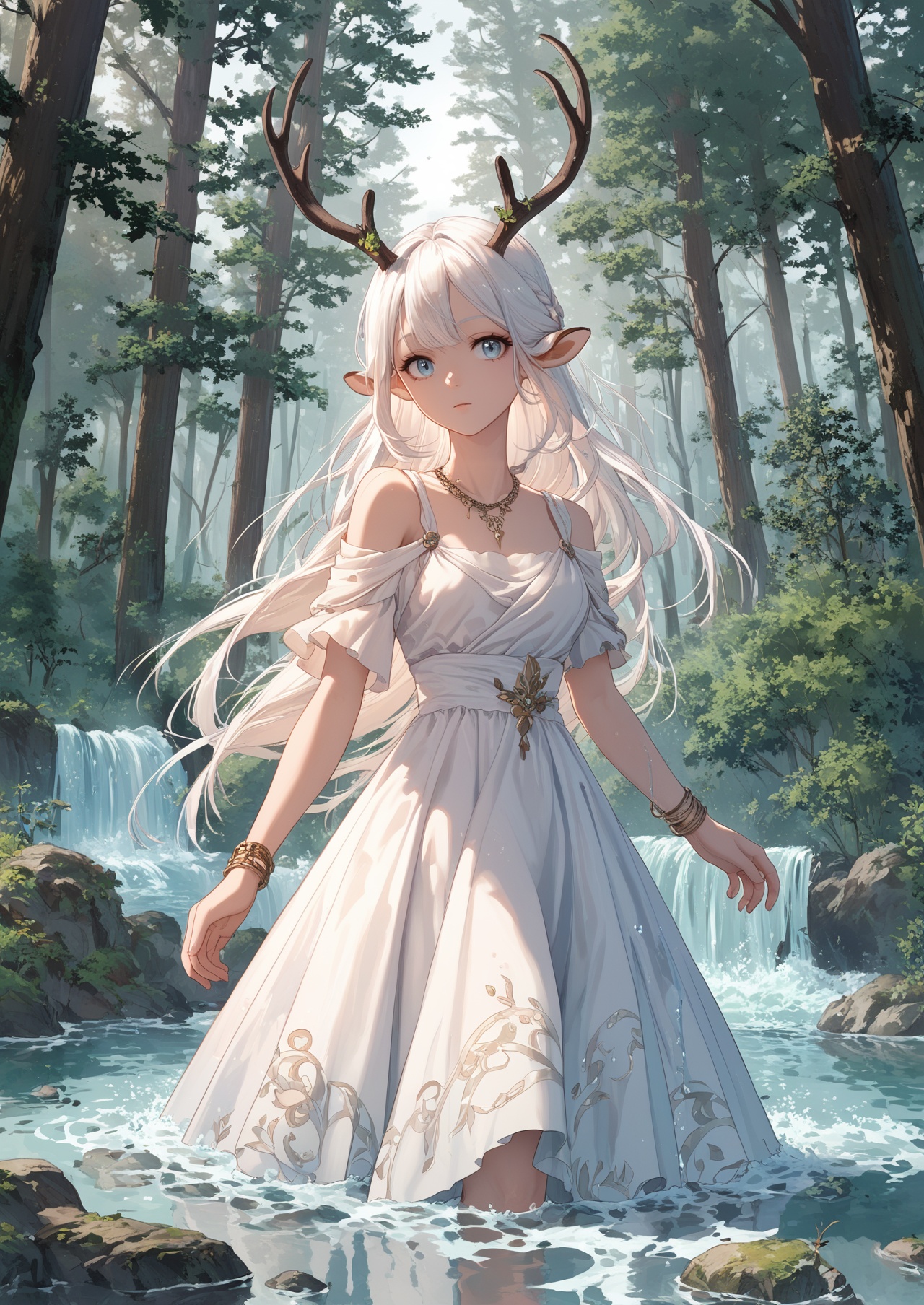 score_10,score_9,score_8_up,score_7_up,1girl,jewelry,dress,tree,nature,white hair,solo,outdoors,long hair,horns,water,antlers,forest,necklace,blurry,looking_at_viewer,eye-contact,