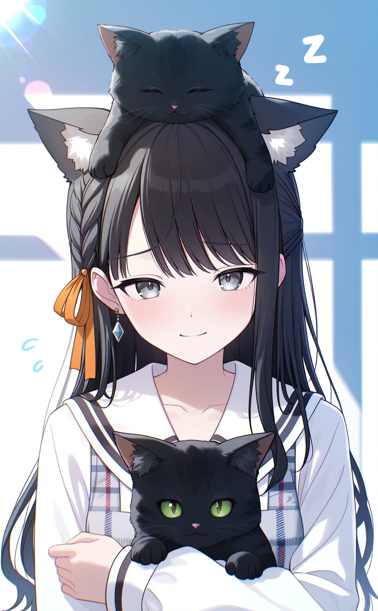 masterpiece,very aware,(highres),absurdres,newest,best quality,high quality,chromatic_aberration,White Theme,lightblue Theme,//,1girl, animal ears, cat, black hair, orange ribbon, on head, looking at viewer, upper body, long hair, solo, animal on head, plaid dress, blush, black cat, long sleeves, jewelry, zzz, animal ear fluff, dress, cat ears, ribbon, cat on head, hair ribbon, braid, grey eyes, closed mouth, flying sweatdrops, smile, animal, collarbone, earrings, simple background, sailor collar, plaid, shirt, extra ears, kazano hiori//,absurdres,newest,very aesthetic,amazing quality,highres,sensitive,ultra detailed,best anatomy,HDR,8K,high detail RAW color art,high contrast,illustration,depth of field,(colorful),phenomenal aesthetic,detailed light,blurred picture,Tyndall effect,contrast,lens flare,cinematic lighting,//,<lora:timmoo——【noob】hans:1>,