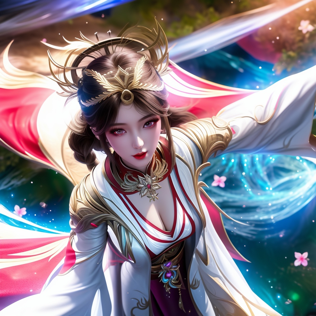 <lora:770-DA-完美世界-火灵儿-婚服:0.8>, (,1girl, ,best quality, ),looking at viewer,  ,ultra detailed background,ultra detailed background,ultra realistic 8k cg,, ,masterpiece, (( , )),, , , spirit blossom \(league of legends\),   ,   (cleavage),,  (), ,,