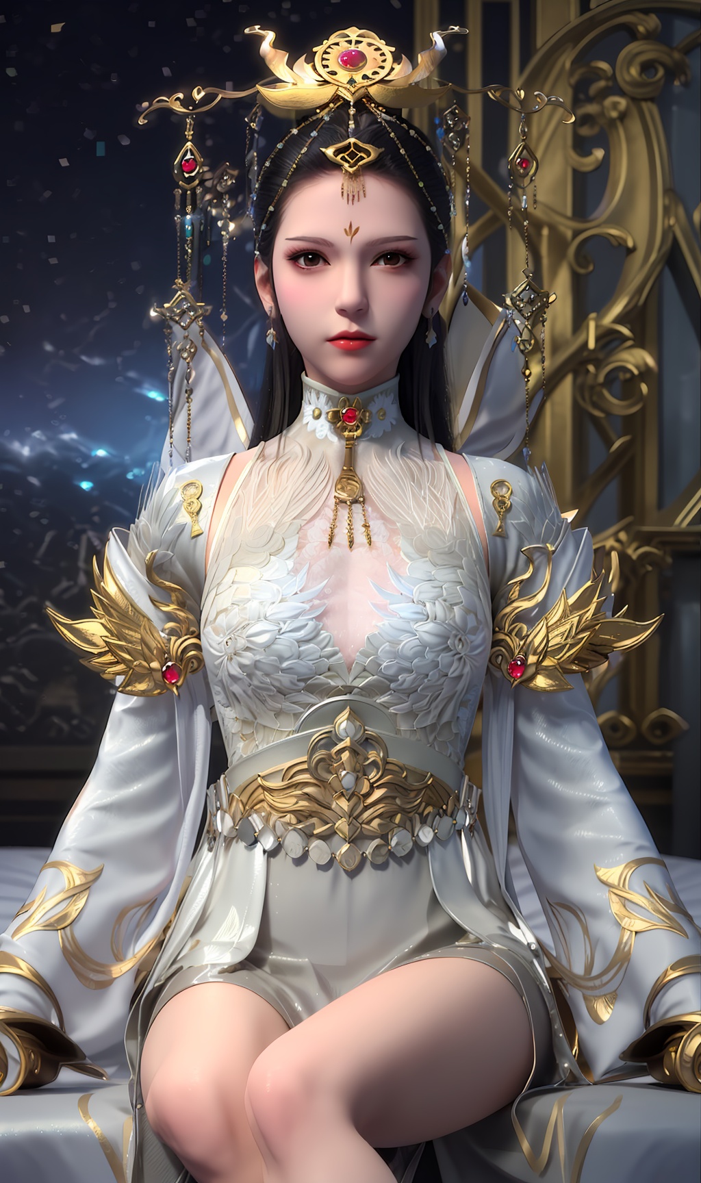 3D,masterpiece,(best quality),(makeup),official art, extremely detailed cg 8k wallpaper,((crystalstexture skin)), (extremely delicate and beautiful),(highly detailed),(face),(collar),(gold_trim),((tiara)),(headdress),feather,(facial_mark),(floating),(floating_object),gem,(princess0),(crown),(headpiece),(headdress),(cape),(horned_headwear),(long_sleeves),(1girl), (solo), (jewelry), (earrings),(black_hair),(long_hair),(hair_ornament),(handwear),(breasts),((sitting)),((upper_body)),(closed_mouth),(long_skirt),(chinese_clothes),(dress),,(multicolored_clothes),(multicolored_dress),(shiny_clothes),(city,indoor,bed),(robe),(thighs),((looking_at_viewer)),((Facing the camera)),, <lora:hipoly3DModelLora_v10:0.3>