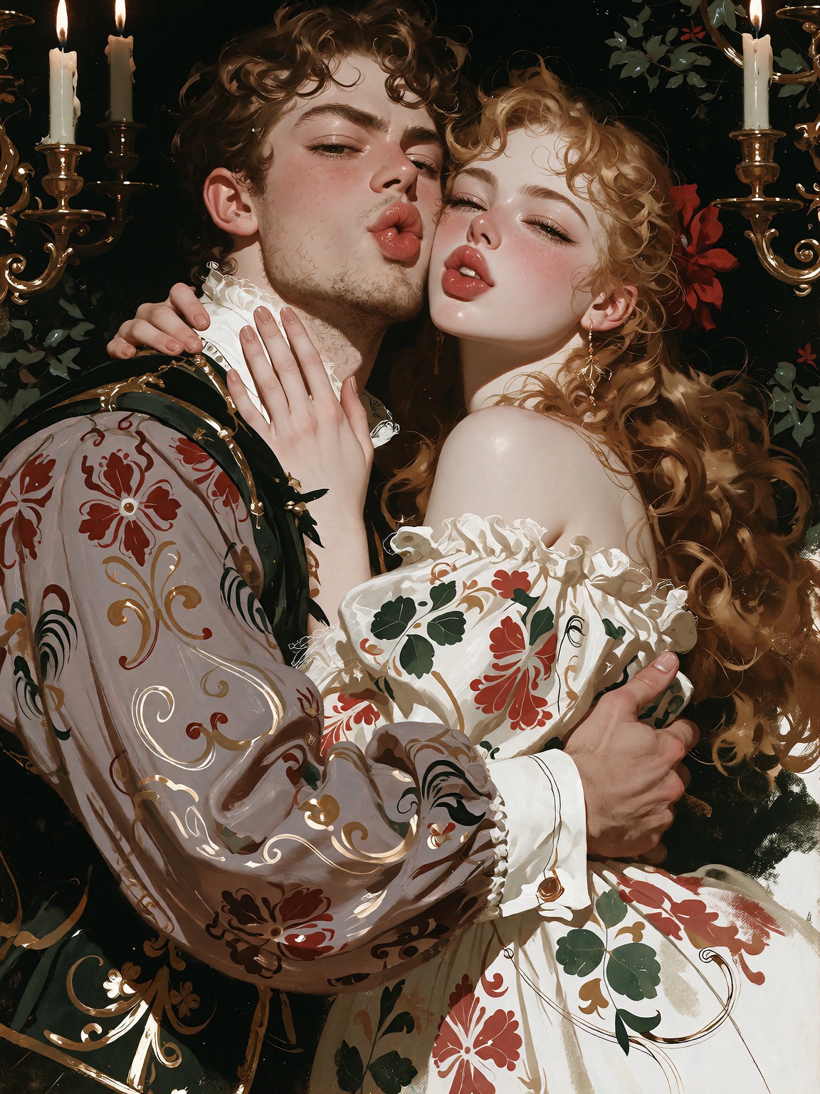 Impressionist painting romantic erotic painting of a heterosexual couple in an opulent bedroom,  embracing under soft cand...