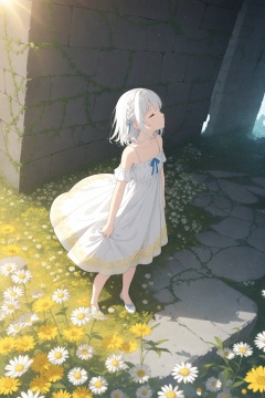 (masterpiece),(best quality),illustration,ultra detailed,hdr,Depth of field,(colorful),loli,yellow theme,the setting sun,Chamomile,Chamomile,cornflower,vines,forest,ruins,lens flare,hdr,Tyndall effect,damp,wet,1girl,bare shoulders,broken glass,broken wall,white hair,white dress,closed mouth,constel lation,flat color,braid,blinking,white robe,float,closed mouth,constel lation,flat color,looking up,standing,medium hair,standing,solo,