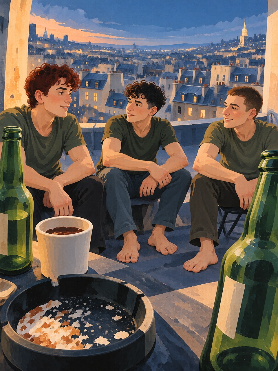 A rooftop scene with three friends sitting in a loose circle,  bottles and ashtray in the foreground,  city skyline arcing...