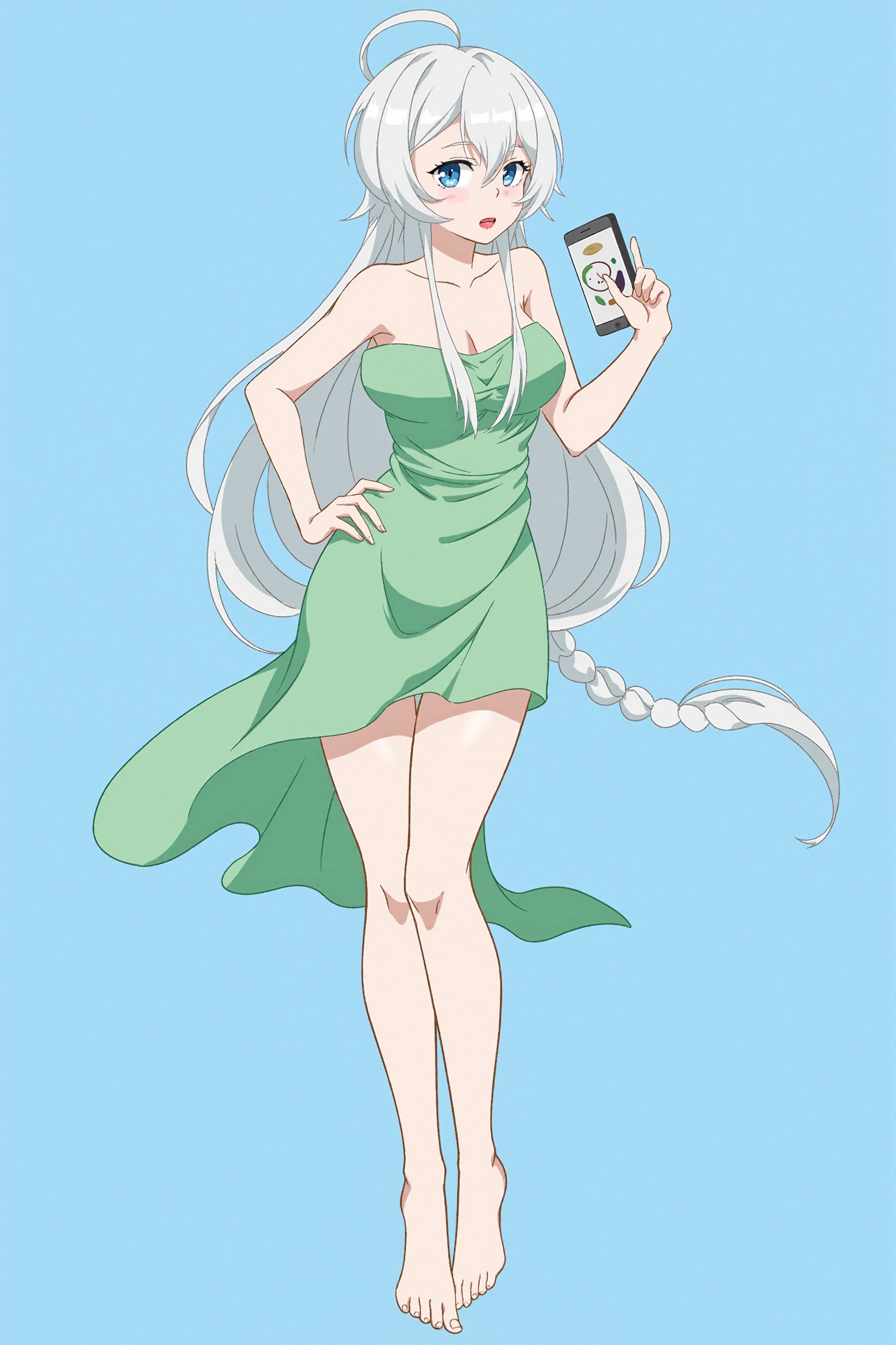 HEZI,Character Design,animation art,quadratic,bright colors,1girl,long hair,solo,breasts,barefoot,blue eyes,full body,white hair,simple background,very long hair,dress,hand on hip,large breasts,looking at viewer,cleavage,green dress,bare legs,blue background,covered navel,hair between eyes,bangs,bare shoulders,standing,legs,open mouth,sleeveless,side slit,grey background,holding,short dress,phone,parted lips,braid,collarbone,
