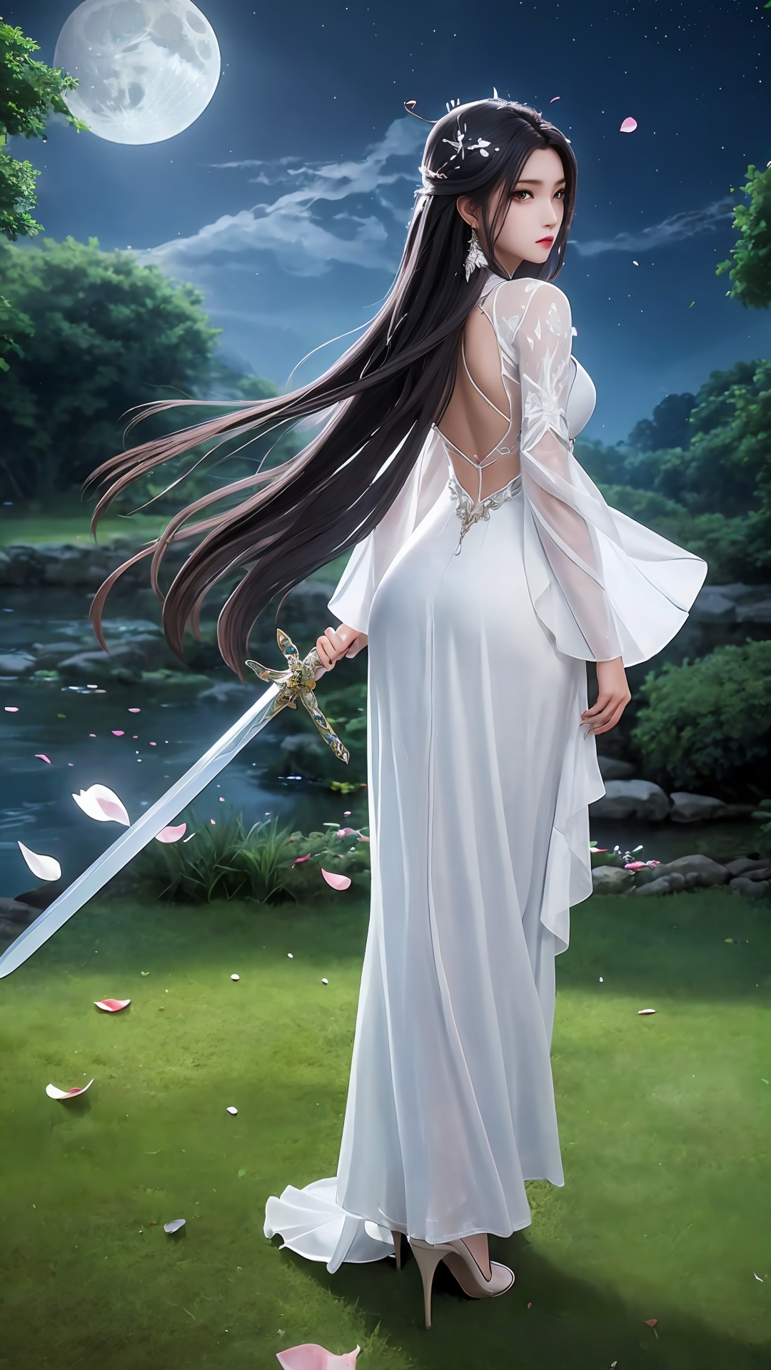 1girl,moon,weapon,dress,long hair,solo,hair ornament,black hair,white dress,petals,night,water,full moon,grass,high heels,full body,back,sword,<lora:girl solo luxueqi_20240911015355:0.7>,<lora:SD1.5泛光调节_v1.0:0.5>,