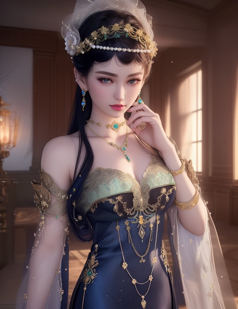 ultra realistic 8k cg, picture-perfect face, flawless, clean, masterpiece, professional artwork, famous artwork, cinematic lighting, cinematic bloom, perfect face, beautiful face, fantasy, dreamlike, unreal, science fiction,  beautiful clothes, lace, lace trim, lace-trimmed legwear,  (rich:1.4), prestige, luxury, jewelry, diamond, gold, pearl, gem, sapphire, ruby, emerald, intricate detail, delicate pattern, charming, alluring, seductive, erotic, enchanting, hair ornament, necklace, earrings, bracelet, armlet,halo((,1girl, pov,))(((,  1girl,  solo,looking at viewer, ))),(((1girl, solo, dress, jewelry)))<lora:DA_WhiteSnakeGreenSnake:0.7>
