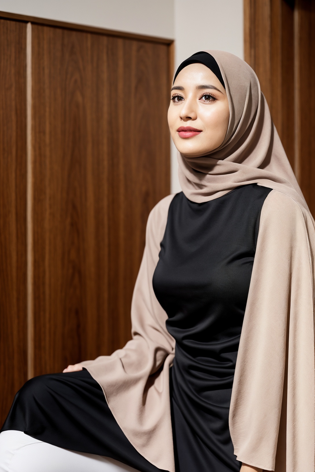 1girl,  hijab,  beige and black dress on Tensor.Art