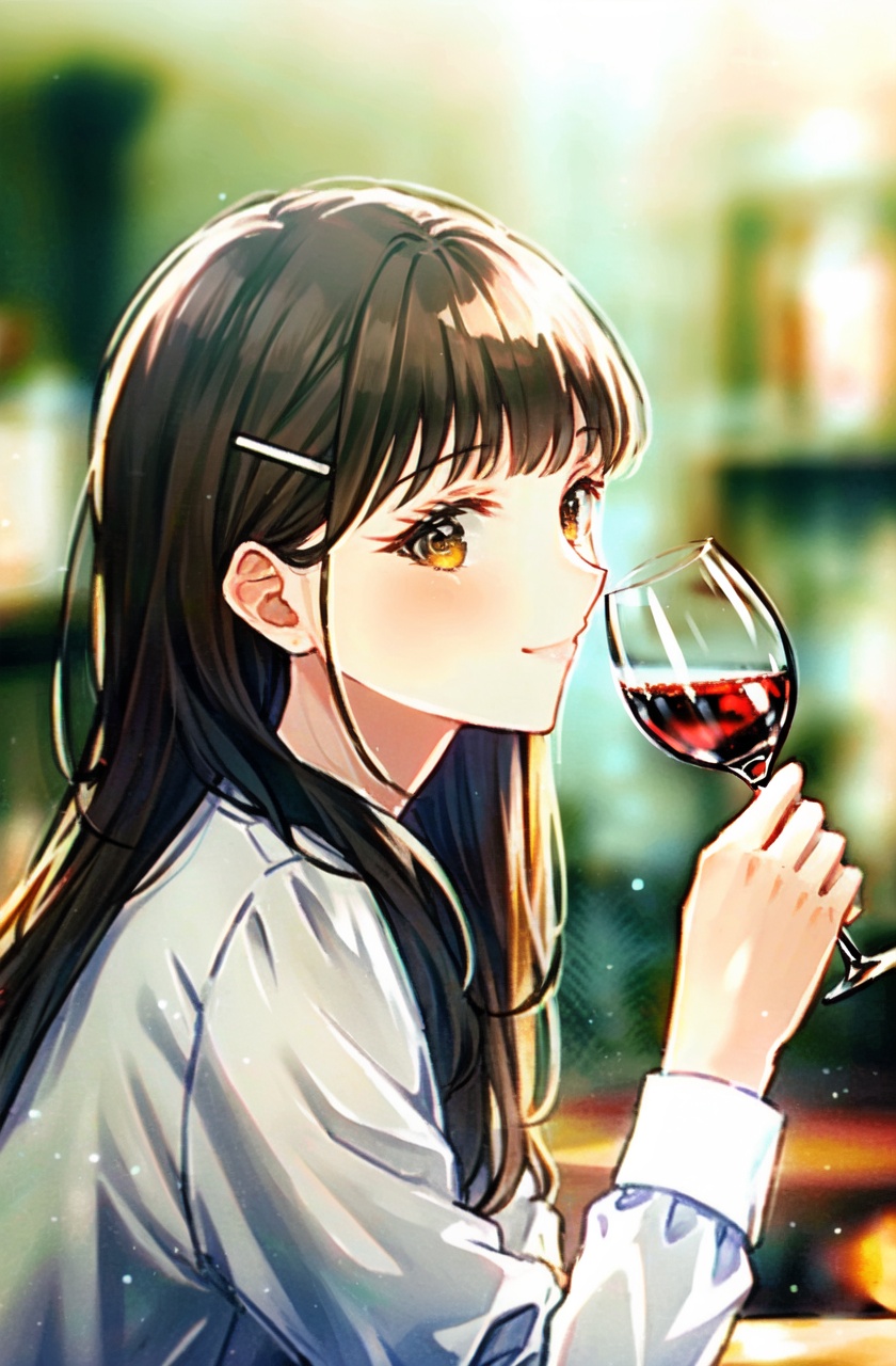 masterpiece,best quality,high quality,highres,1girl, solo, wine glass, drinking glass, long hair, looking at viewer, holding cup, hair ornament, blurry background, shirt, brown hair, bangs, hairclip, smile, brown eyes, white shirt, long sleeves, upper body, alcohol, wine, closed mouth, from side
