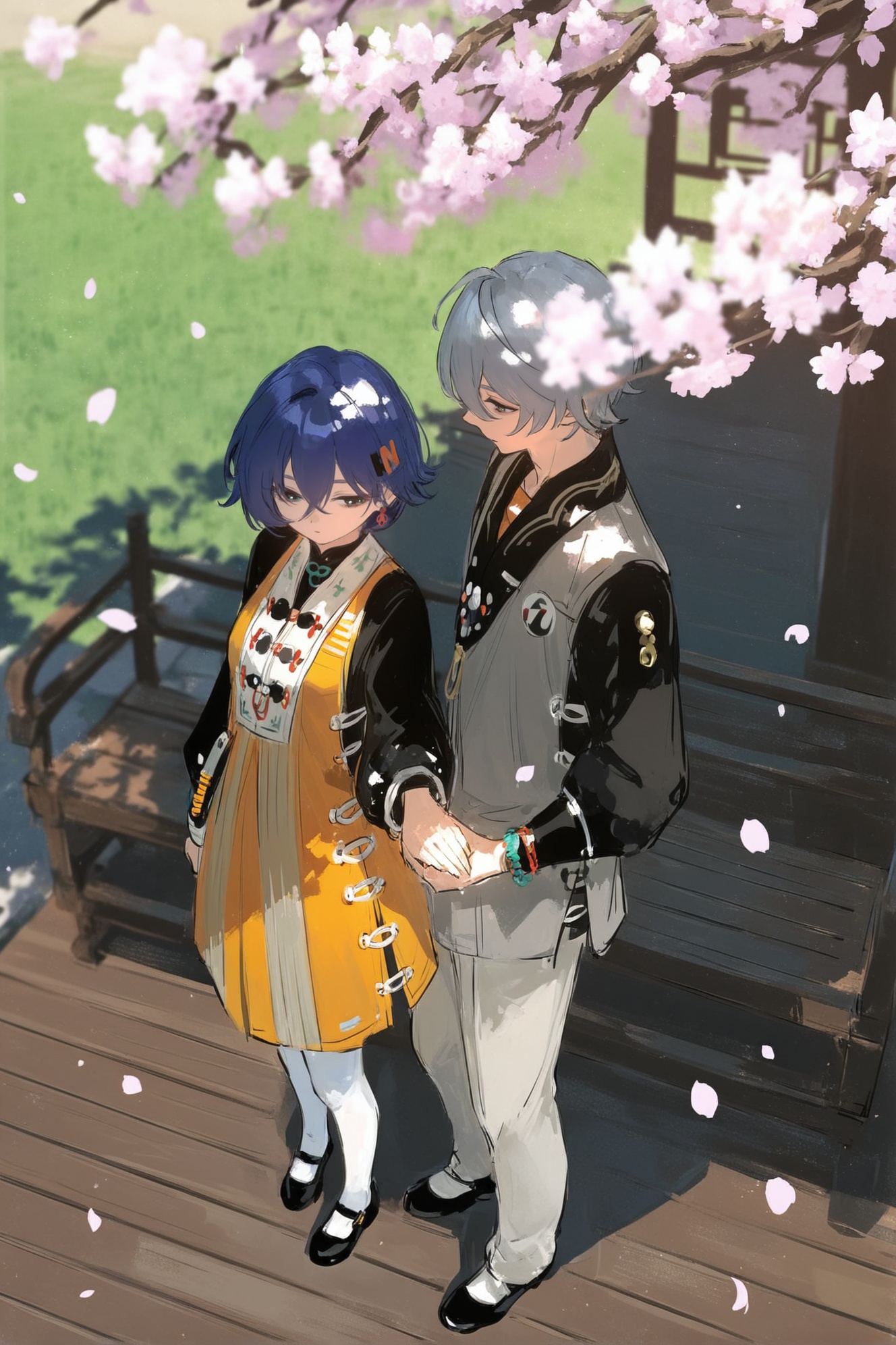 masterpiece,newest,absurdres,incredibly absurdres,best quality,amazing quality,very aesthetic,Wise and Belle,1boy and 1girl,BREAK<lora:zhelinew-ill-Tanger:0.8>,BREAKWise \(Zenless Zone Zero\),Wise alternate costume,clothes: Wisenew chinese suit,grey hair,1boy,male focus,black footwear,long sleeves,hair between eyes,jewelry,Wisenew grey shirt,bracelet,BREAKBelle \(Zenless Zone Zero\),Belle alternate costume,clothes: Bellenew chinese yellow dress,dark blue hair,white pantyhose,1girl,black footwear,long black sleeves,short hair,hair ornament,BREAKA cinematic photo of a teenage boy and girl on a date,seated side by side on a wooden bench under a blooming cherry tree,their hands almost touching,soft spring breeze swaying petals around them. Far in the background,a serene park with strolling people and soft green hills. Background is softly focused to enhance intimacy. Golden hour sunlight filters through branches,casting warm highlights and gentle shadows. Created Using: Canon EOS R6,romantic realism,soft lens diffusion,ambient daylight rig,Fujifilm color tone,shallow depth of field,warm palette,atmospheric perspective,BREAK<lora:0__11Xx:1>,0__11Xx_illu,<lora:pikus0n_illu:0.5>,pikus0n_style,sketch,,BREAK