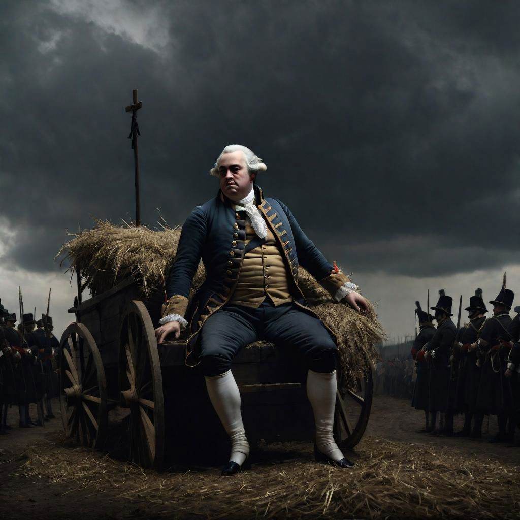 king louis xvi last moments before execution, tied and restrained, sitting desperate on a dirty hay cart, the ominous elevated stage and dark guillotine silhouette behind him, dramatic lighting, grey sky