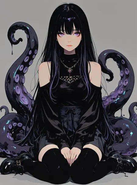 embedding:Stable_Yogis_PDXL_Positives, embedding:Stable_Yogis_PDXL_Positives2, embedding:lazypos, embedding:cr1sp,  kraken,, 1girl, bangs, bare shoulders, black footwear, black hair, black legwear, black shirt, breasts, closed mouth, grey background, hair between eyes, long sleeves, monster girl, necklace, purple eyes, shirt, shoes, sitting, skirt, suction cups, tentacles, very long hair, wariza, masterpiece, best quality, very aesthetic, bold outlines, strong shadows, high contrast, crisp lines, detailed, intricate, ultra detailed, vibrant, smooth gradients, subtle shadows, professional, high-resolution, perfect lighting, solo, depth, complex lighting, ultra detailed,
