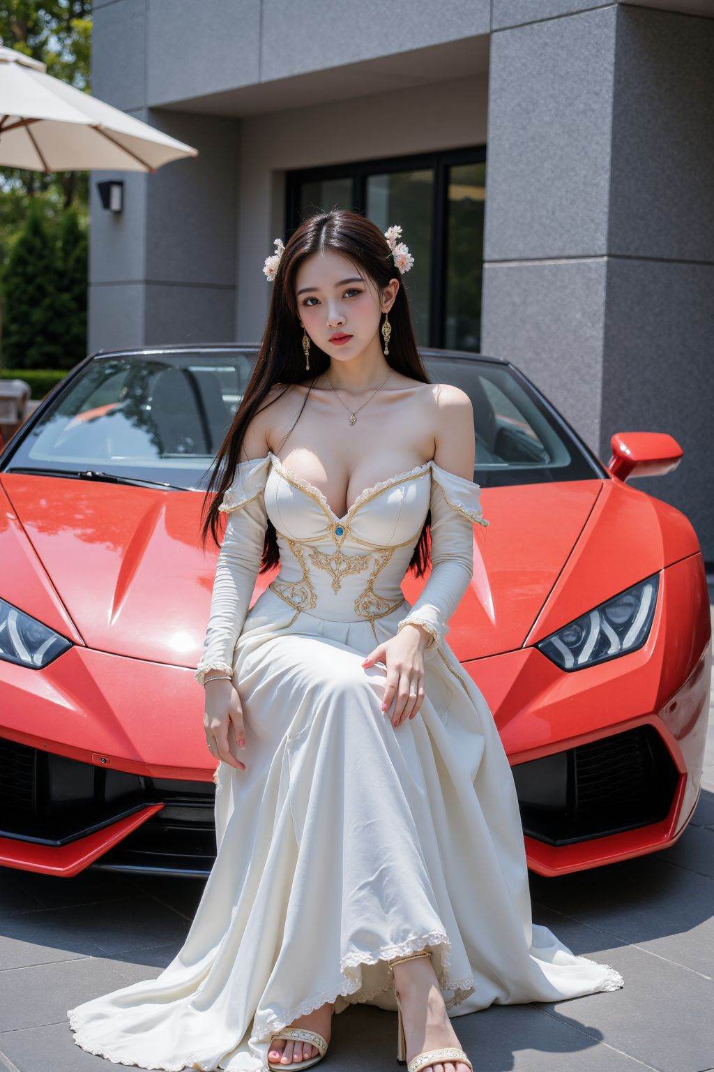 <lora:20250818_AgainGirlF1Lora10:0.8>,This is a photograph of a young girl sits in the front of a bright red Lamborghini sports car. The woman has long, straight black hair adorned with delicate white flowers and a matching hair accessory. She has fair skin, large, expressive eyes, and a slender physique. Her attire is a form-fitting, white, medieval-inspired outfit consisting of a strapless, long-sleeved top with intricate gold embroidery and a matching skirt that flares out at the bottom. She is wearing high-heeled, white sandals with ankle straps and a small gold buckle.The car behind her is a sleek, modern Lamborghini with a black interior and a prominent, aggressive front grille. The background features a modern, upscale outdoor setting with a gray building facade, greenery, and a white umbrella on a patio. The ground is paved with large, dark gray tiles. The overall scene suggests a luxurious, high-end environment, with the woman's attire and the car's presence emphasizing wealth and sophistication. The image is rich in detail, capturing both the opulence of the setting and the elegance of the subject.