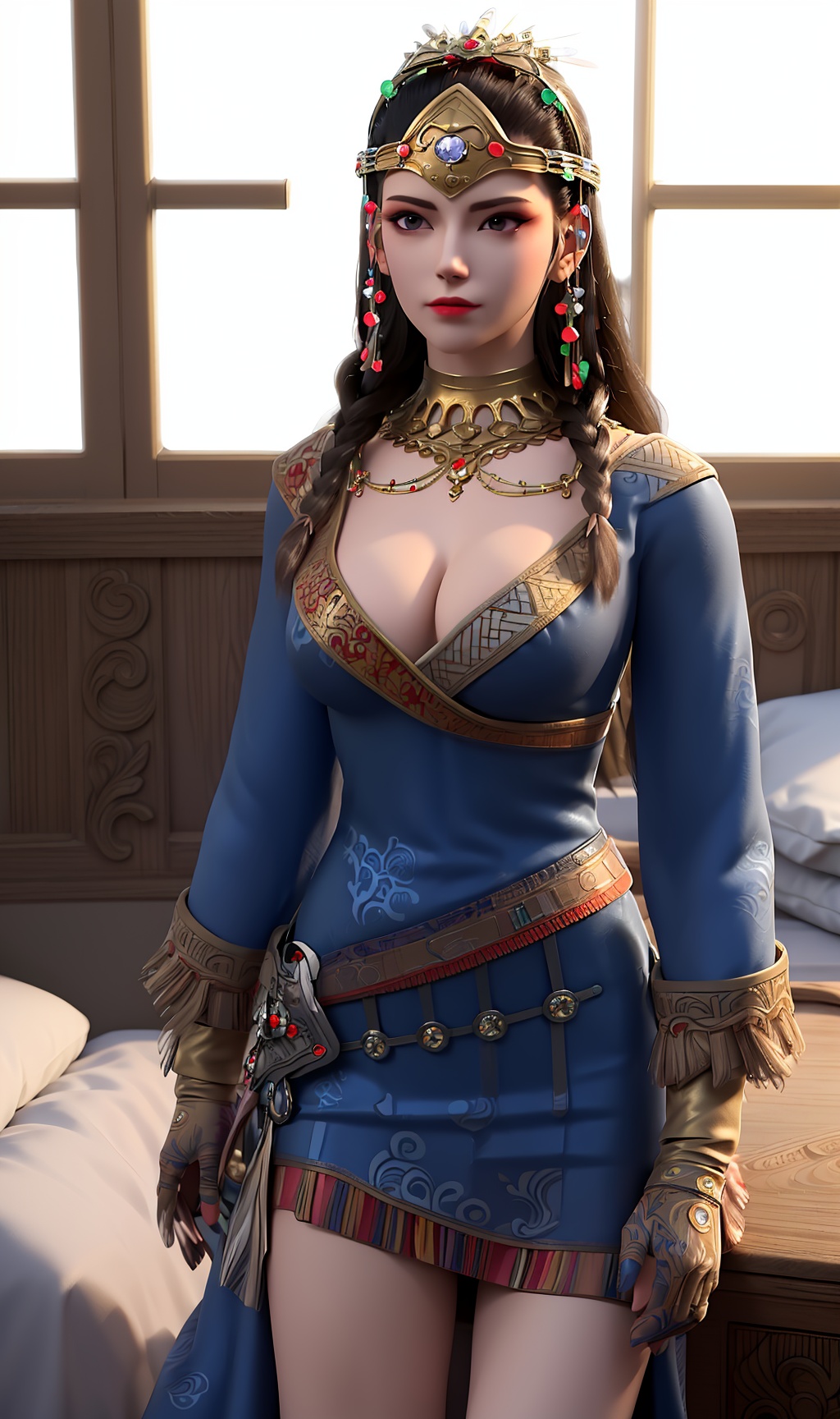 3D,masterpiece,(best quality),(makeup),official art, extremely detailed cg 8k wallpaper,((crystalstexture skin)), (extremely delicate and beautiful),(highly detailed),(face),(collar),(gold_trim),(headdress),,(gloves),(cleavage),,(feather),,(tiara),(1girl), (solo), (jewelry), (earrings),(black_hair),(long_hair),(hair_ornament),(handwear),(breasts),(standing),((upper_body)),(thighs),(closed_mouth),(skirt),(chinese_clothes),(dress),,(multicolored_clothes),(multicolored_dress),(shiny_clothes),(city,indoor,bed),(long_sleeves),,((looking_at_viewer)),((Facing the camera)),, <lora:hipoly3DModelLora_v10:0.3>