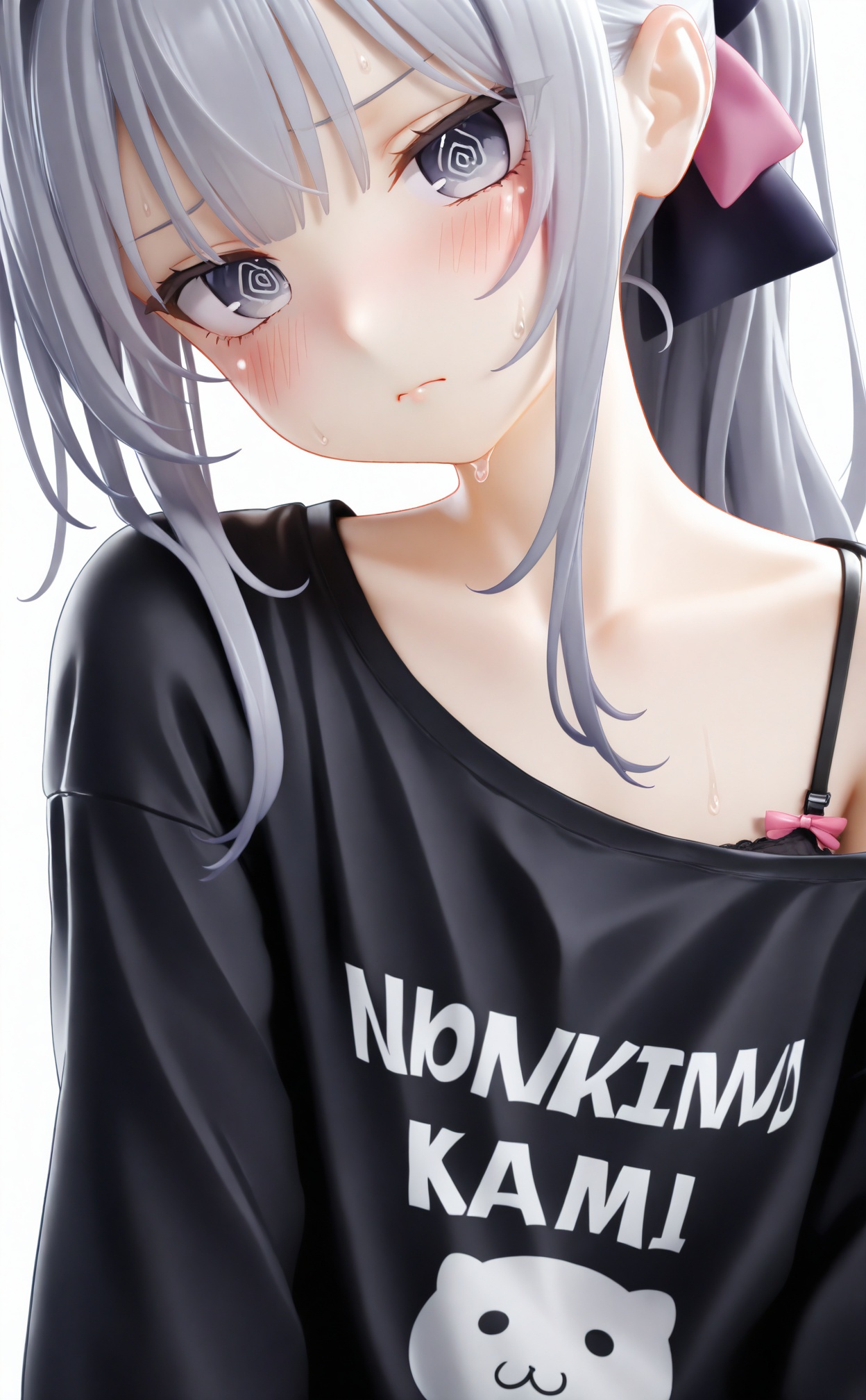 masterpiece,loli,solo,@_@,simple_background,blush,sweat,white_background,ponytail,bra_strap,off_shoulder,virtual_youtuber,grey_hair,shirt,collarbone,head_tilt,black_shirt,upper_body,single_bare_shoulder,closed_mouth,hair_bow,bow,print_shirt,long_sleeves,long_hair,1girl,hair_intakes,clothes_writing,otoko_no_ko,1boy,looking_to_the_side,male_focus,purple_eyes,pink_bow,frown,grey_eyes,<lora:pvc3——【Illustrious】hans:0.8>,