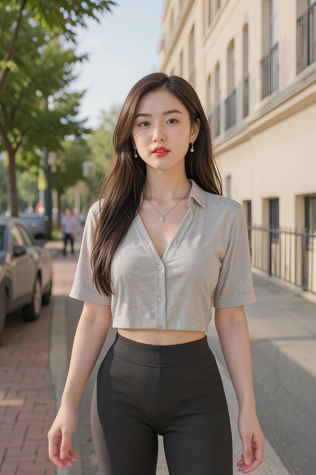 这是一张高分辨率照片,  照片中一位年轻的东亚女性站在城市街道上。她肤色白皙,  一头深棕色的长直发垂过肩头。她的五官精致 by 天TIN on Tensor.Art