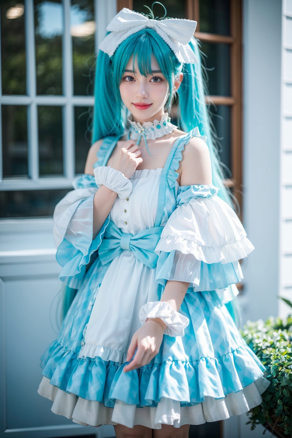 realistic,photorealistic,best quality,masterpiece,highres,8k,RAW photo,ultra-detailed,cowboy shot,1girl,solo,smile,looking at viewer,standing,yangyang cosplay costume,miku cosplay costume,hatsune miku,cosplay,aqua hair,very long hair,twintails,dress,frilled dress,frills,long sleeves,wide sleeves,choker,bow,hair bow,ribbon,wrist cuffs,<lora:miku_cosplay_16thAnnDress_v1:0.7>,