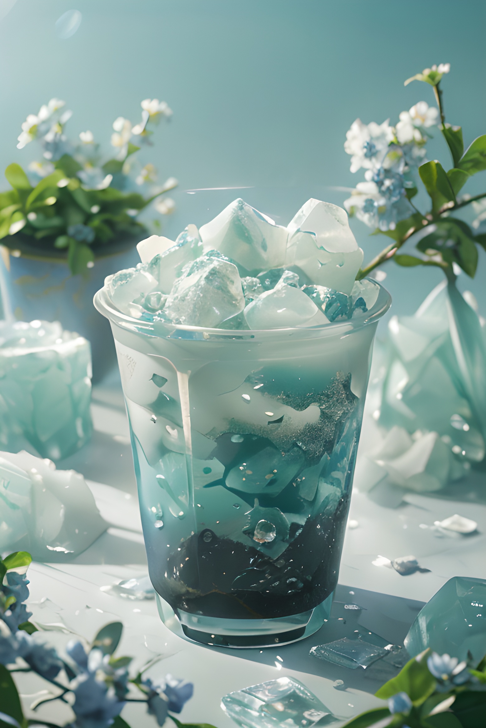 (Shooting blockbusters:2),(Masterpiece, High Quality, Superior Quality, Official Art, Beauty  and  Aesthetics): 1.2),( a cup surrounded by Crushed ice blue flowers:1.2), milky transparent water, product poster, ( Crushed Ice Blue),Gradient Purple, simple, clean light color background, ray tracing, foreground occlusion, natural light, jungle, c4d, oc rendering, product photography ,(There are a lot of ice cubes next to the cup:1.2)<lora:20240228-1709100055188:0.66>Cool feeling,Ice World,(((extremely detailed cg 8k wallpaper))),realistic,