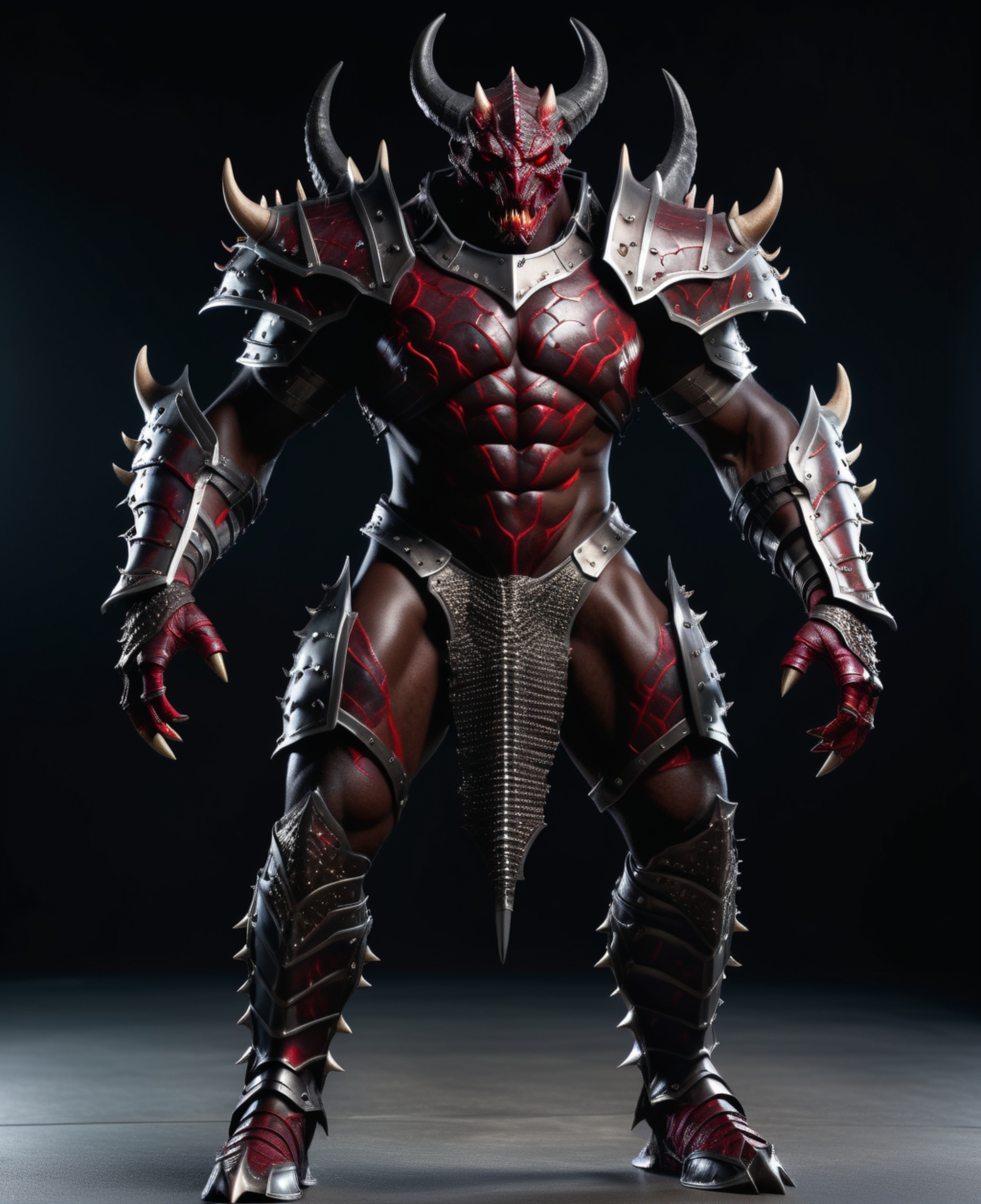 full body photo of an armored demon dark red skin,  black armor,  sharp focus on Tensor.Art