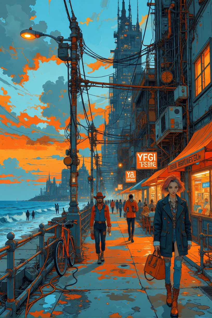 A painting. A vibrant scene along a city street by the ocean. Industrial silhouette. Fashionable.,  YFGFutureBlue style on...
