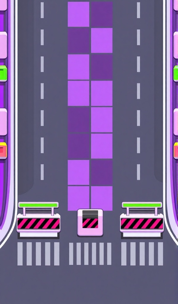 SBCJ,SBCJ,This is a cartoon style game scene,possibly a race track in a racing game. The overall color tone of the screen is mainly purple and gray,creating a sense of futurism and technology.,In the center of the image,there is a track centerline composed of purple squares that extends into the distance,implying that it is a straight track. There are purple guardrails on both sides of the track,with some green and pink elements on the guardrails,adding color richness to the picture.,At the starting point of the track,you can see some roadblocks with pink and black stripes,which are usually used to mark the starting or ending point of the track,or to separate different track areas. There are some green structures above the roadblock,which may be auxiliary facilities or decorations of the track.,The foreground of the track features some white zebra crossings,further emphasizing that it is a road scene. Overall,this picture conveys an atmosphere of preparing to start the race,with a clean and tidy track,