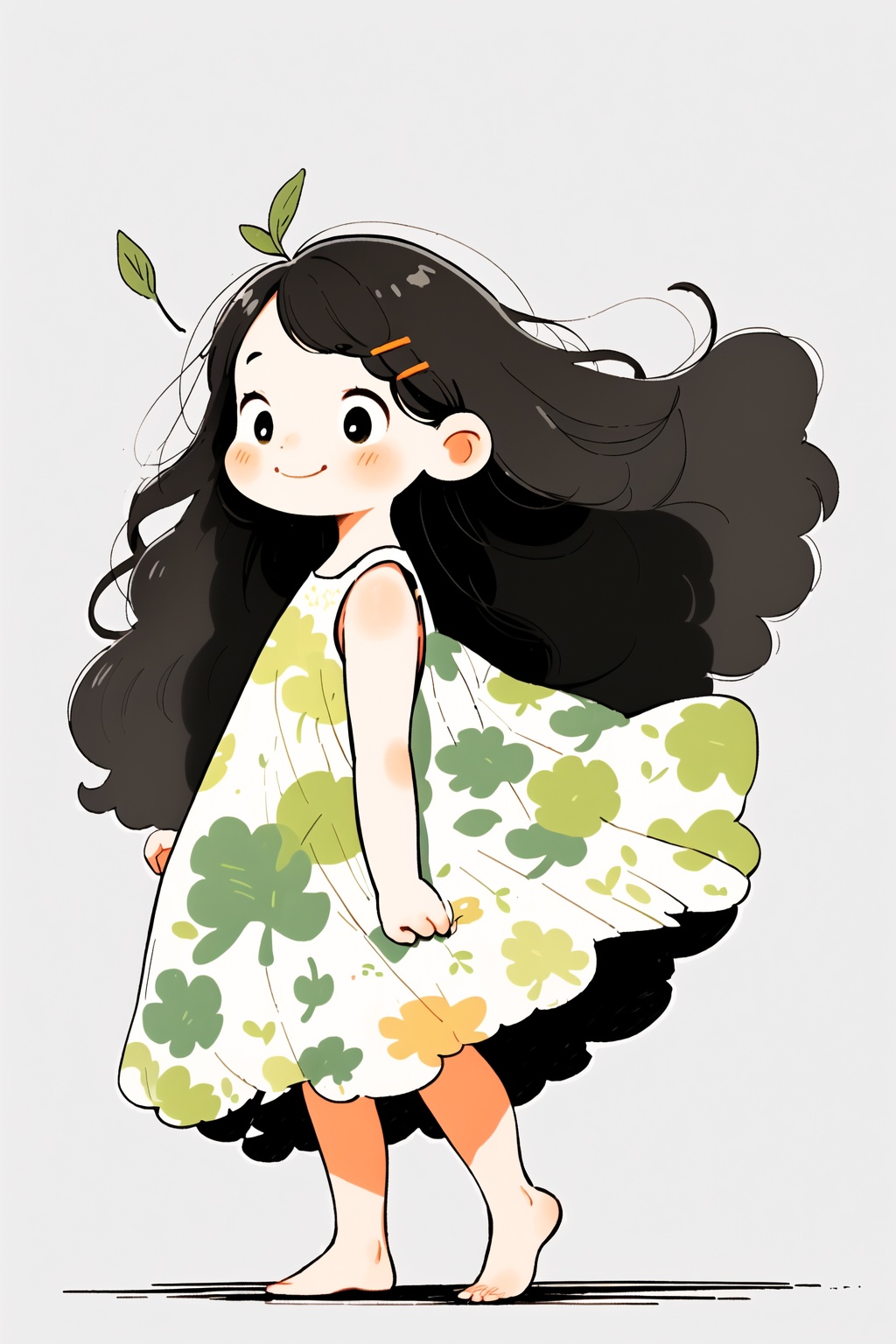 <lora:pencil style-7:0.8>,guchen,pencil style,chibi,1girl,dress,leaf,solo,black hair,hair ornament,hairclip,smile,white background,long hair,barefoot,simple background,sleeveless,print dress,sleeveless dress,closed mouth,standing,white dress,bare arms,from side,floral print,full body,blush,no nose,floating hair,wind,dot nose,shadow,sundress,