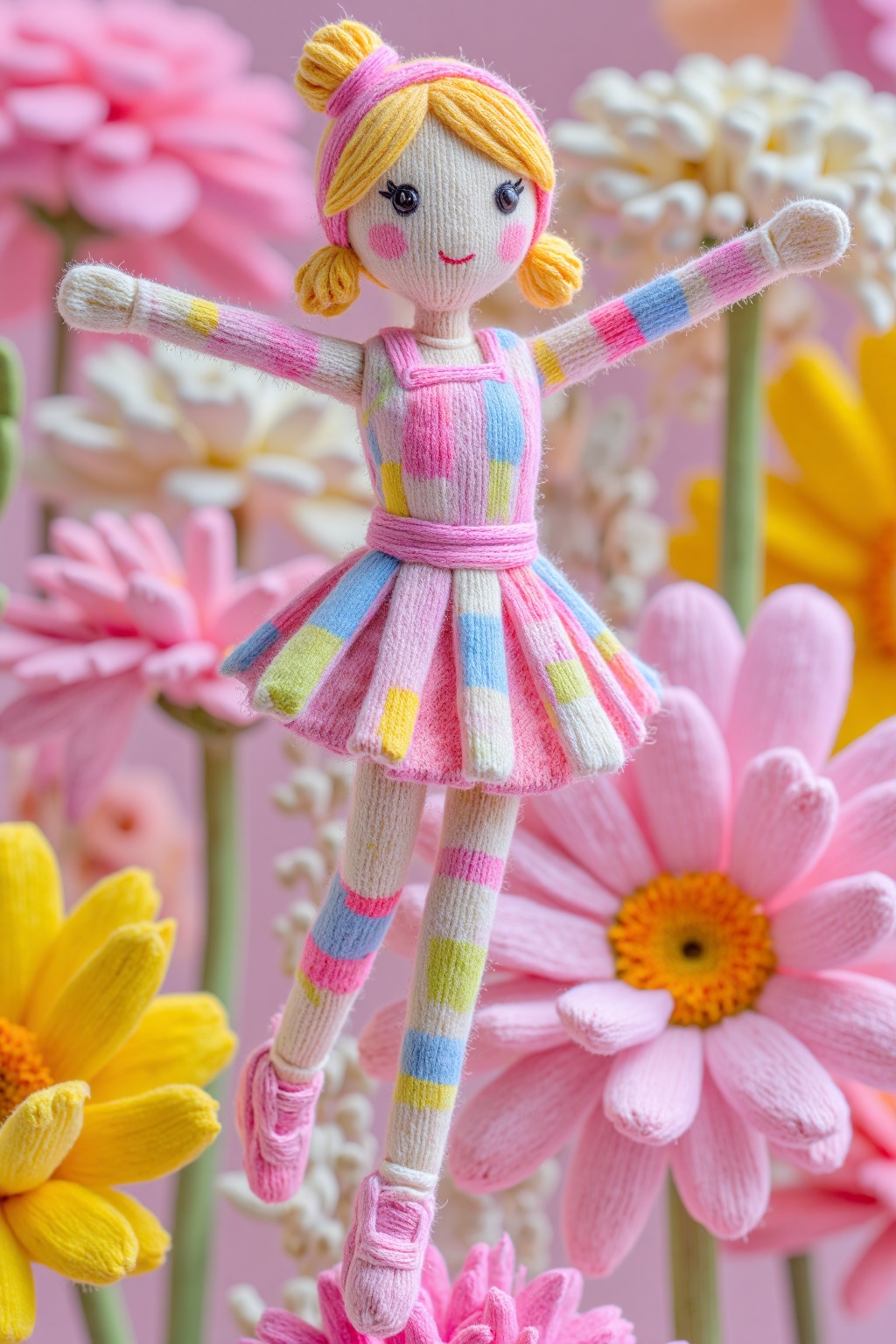 beijihui,a stuffed doll is adorned with a pink dress adorned with blue and green stripes. The doll's arms are stretched out to the sides of the doll's body, and its head is adorned in a pink headband. Its eyes are adorned with black eyelashes, adding a pop of color to the scene. The background is blurred, creating a vibrant contrast to the doll and the pink flowers.