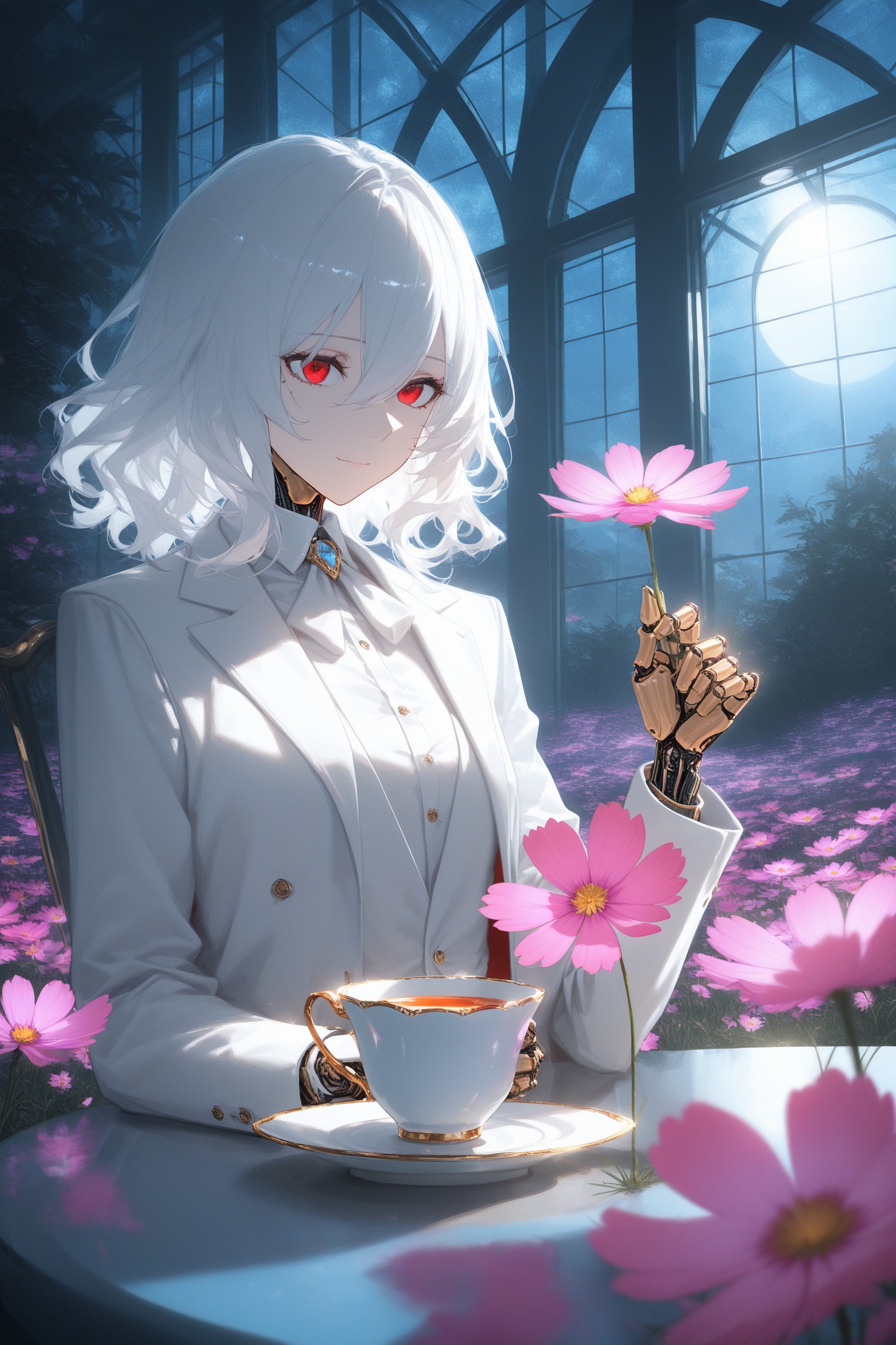 masterpiece,best quality,amazing quality,very aesthetic,absurdres,newest,highres,ultra deitailed,white suit,sci-fi,futuristic,red eyes,1girl,(c, android),white hair,medium hair,hair between eyes,wavy hair,Miasma,biomech,cosmos,pink flowers,holding flower,garden,greenhouse,soft smile,solo,Cinematic Lighting,refraction,moonlight,Elegant Crystal Lighting,formal suit,tailcoat,open coat,indoors,full scene,sit at table in garden,tea cup on table,coat thrown on,