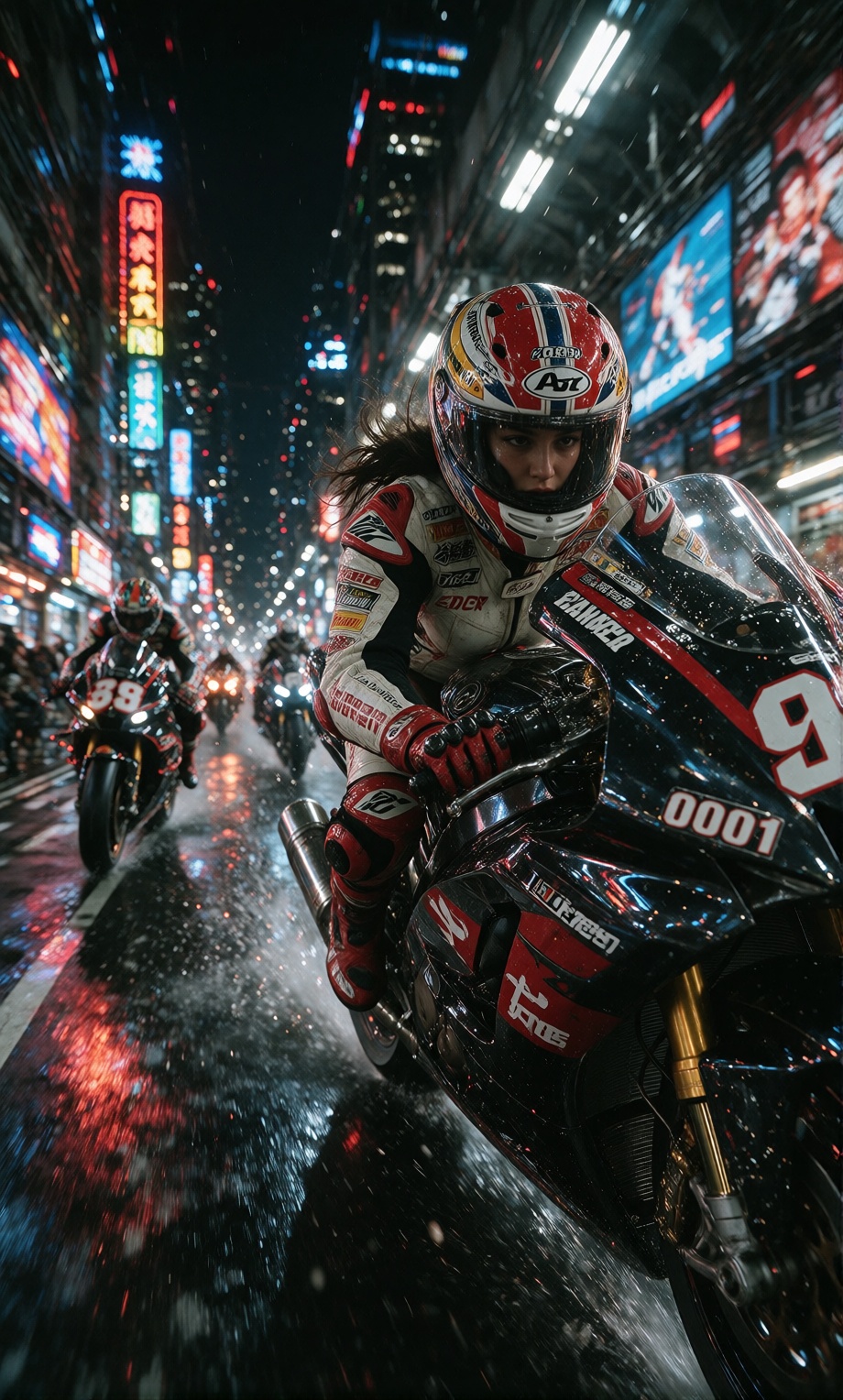 female racer in a red-and-white helmet numbered 0001,  speeding through a futuristic tunnel on a black chrome motorcycle,...