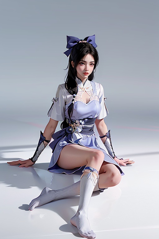 lingyueru,1girl,solo,black hair,long hair,realistic,ribbon,sitting,socks,bow,hair bow,lips,hair ribbon,dress,