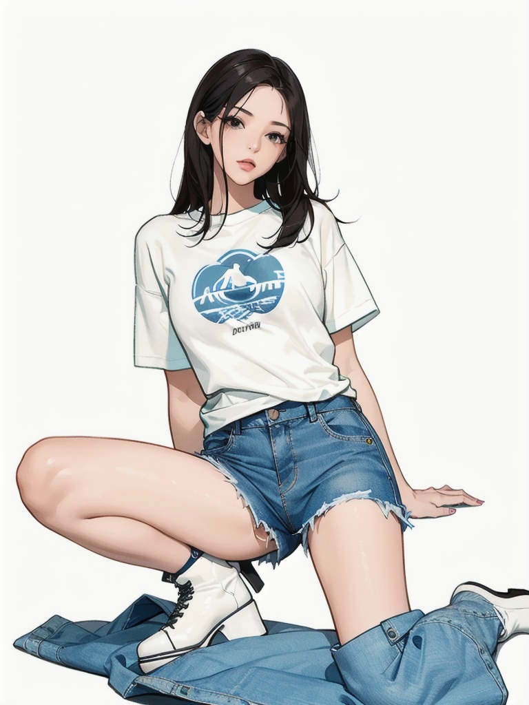 breathtaking (1girl), Denim shorts, graphic t-shirt, and ankle boots., korean . award-winning, professional, highly detailed